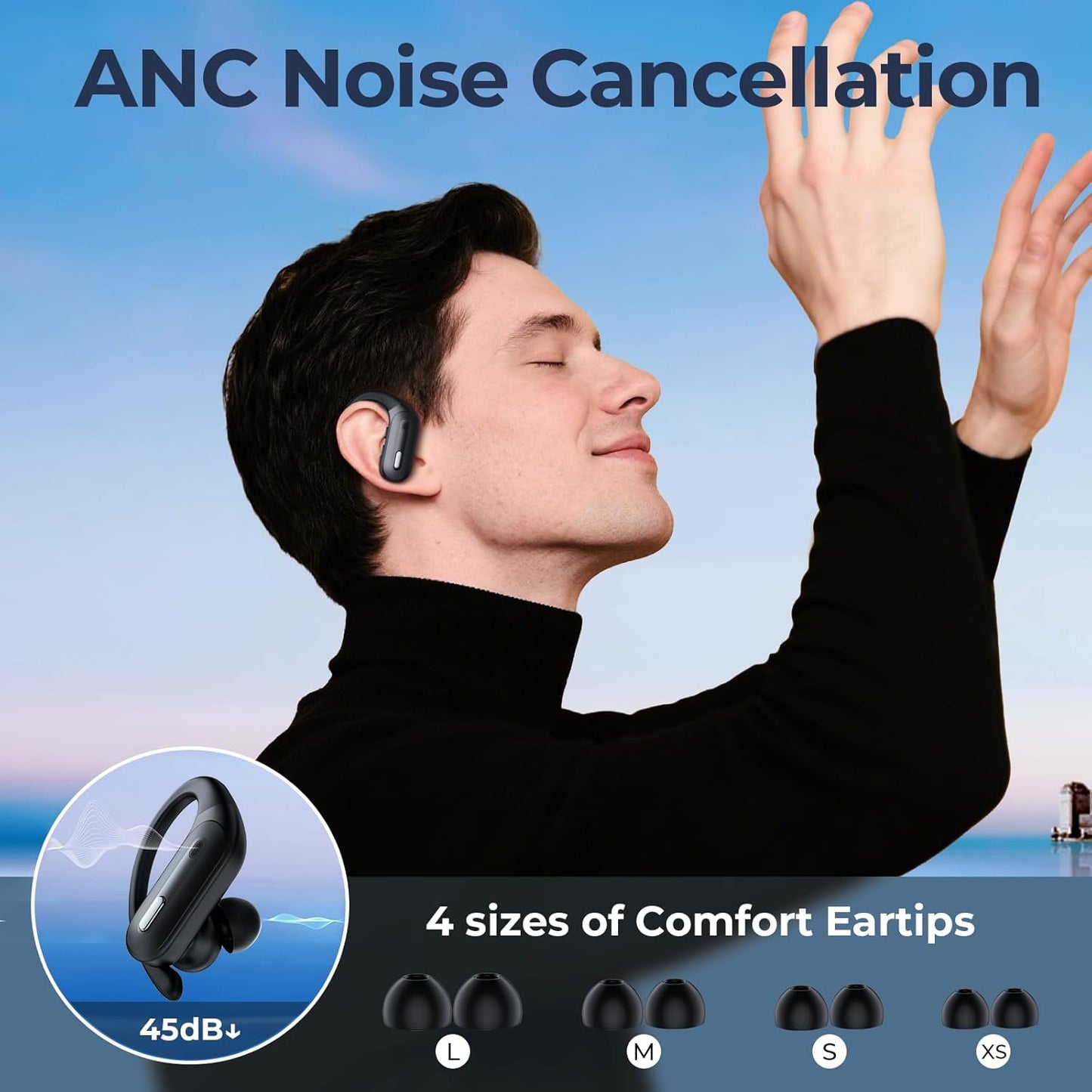 Active Noise Cancelling Ear Buds Wireless Earbuds 90 Hrs Playtime Bluetooth Headphones with Hi-Res Stereo Deep Bass Power Display Earphones with Earhooks Waterproof Transparency Headset for Sports/Gym
