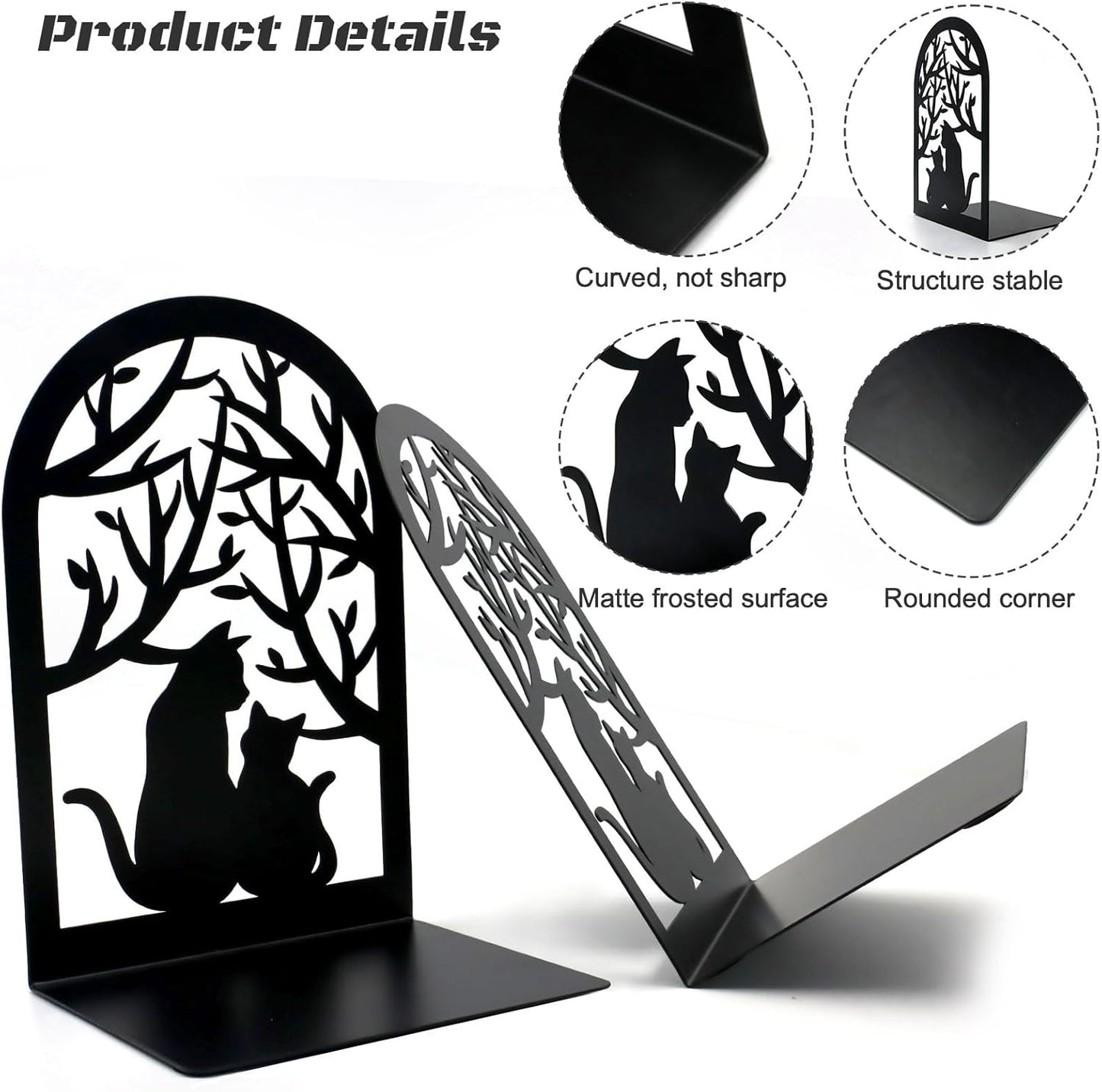 Book Ends, Bookends, Metal Bookend, Cat Decorative Bookends, Bookends for Shelves, Home Decorative Bookends for Heavy Books, Black Non-Skid Book Stopper, 7 x 4.7 x 4 inch (2 Pair)