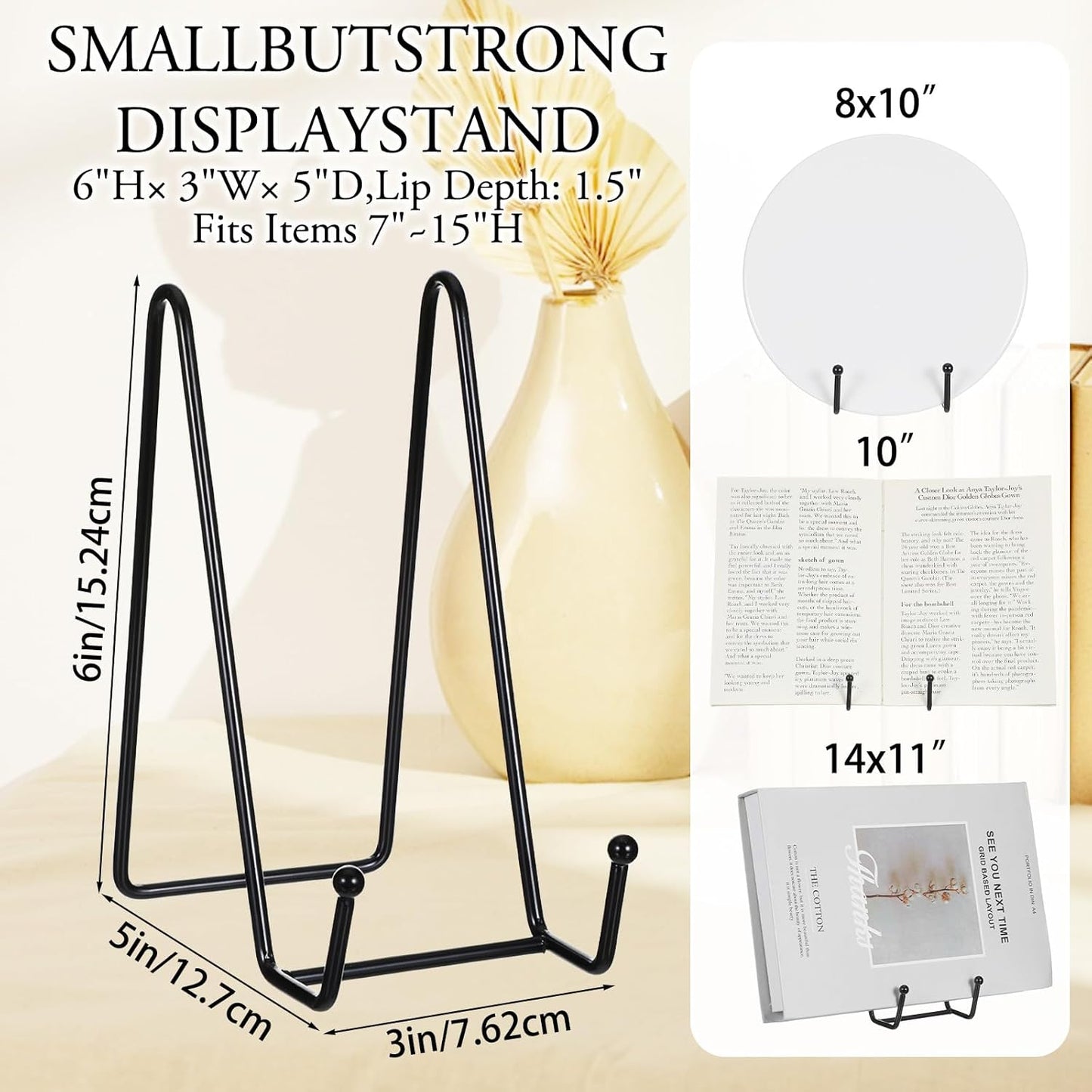 12 Pack 6 Inch Metal Plate Display Stands, Black Multi-Purpose Easel Stands for Photos/Books/Plaques/Artwork, Tabletop Holder