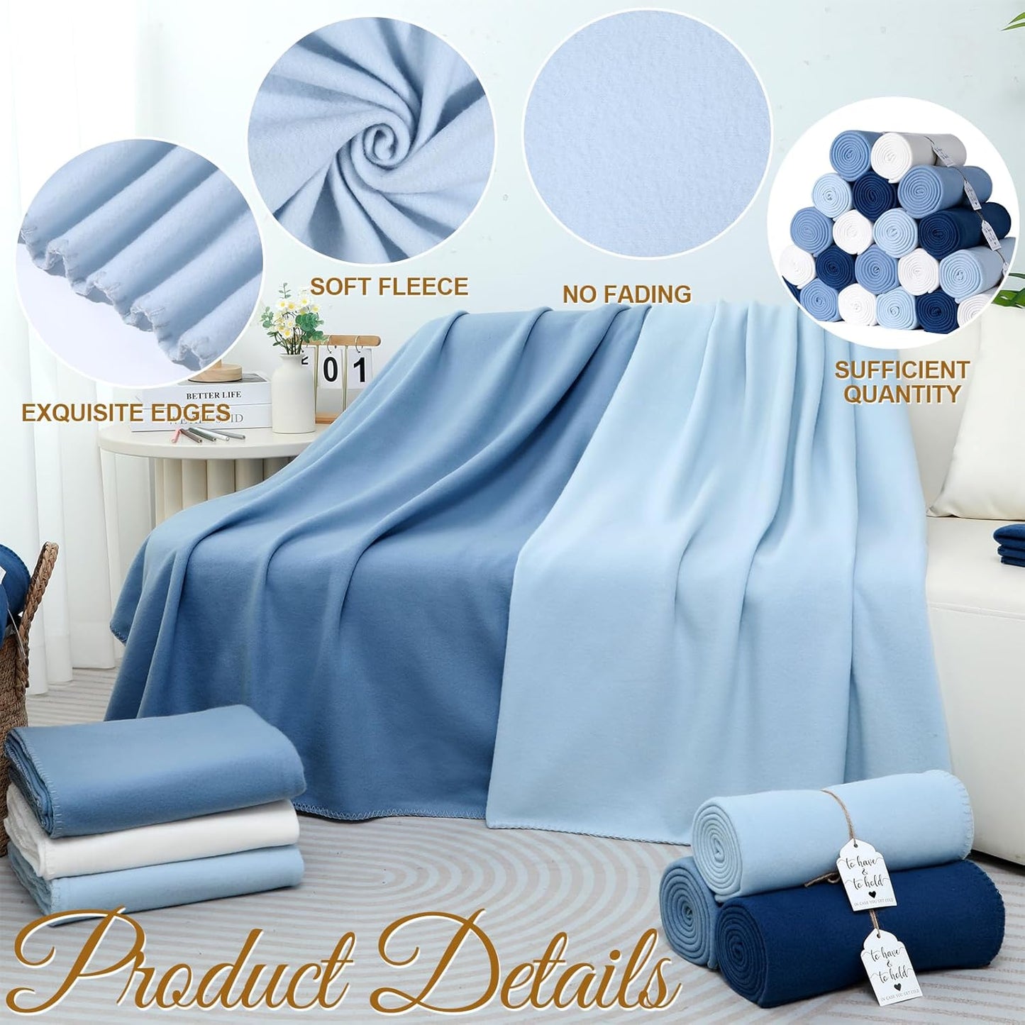 48 Pack Wedding Fleece Blankets Bulk 50 x 60 Inch Soft Lightweight Throw with to Have to Hold Card for Guests Lap Sleepover Spa Slumber Favors Gifts for Seasons (Gradient Blue)