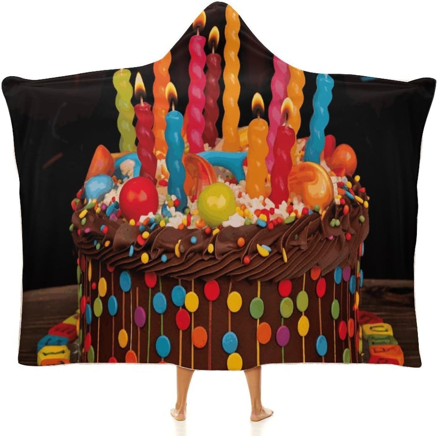 Happy Birthday Cake Blanket Hoodie Oversized Fleece Sweatshirt Wearable Blanket Rope Gift for Women Men
