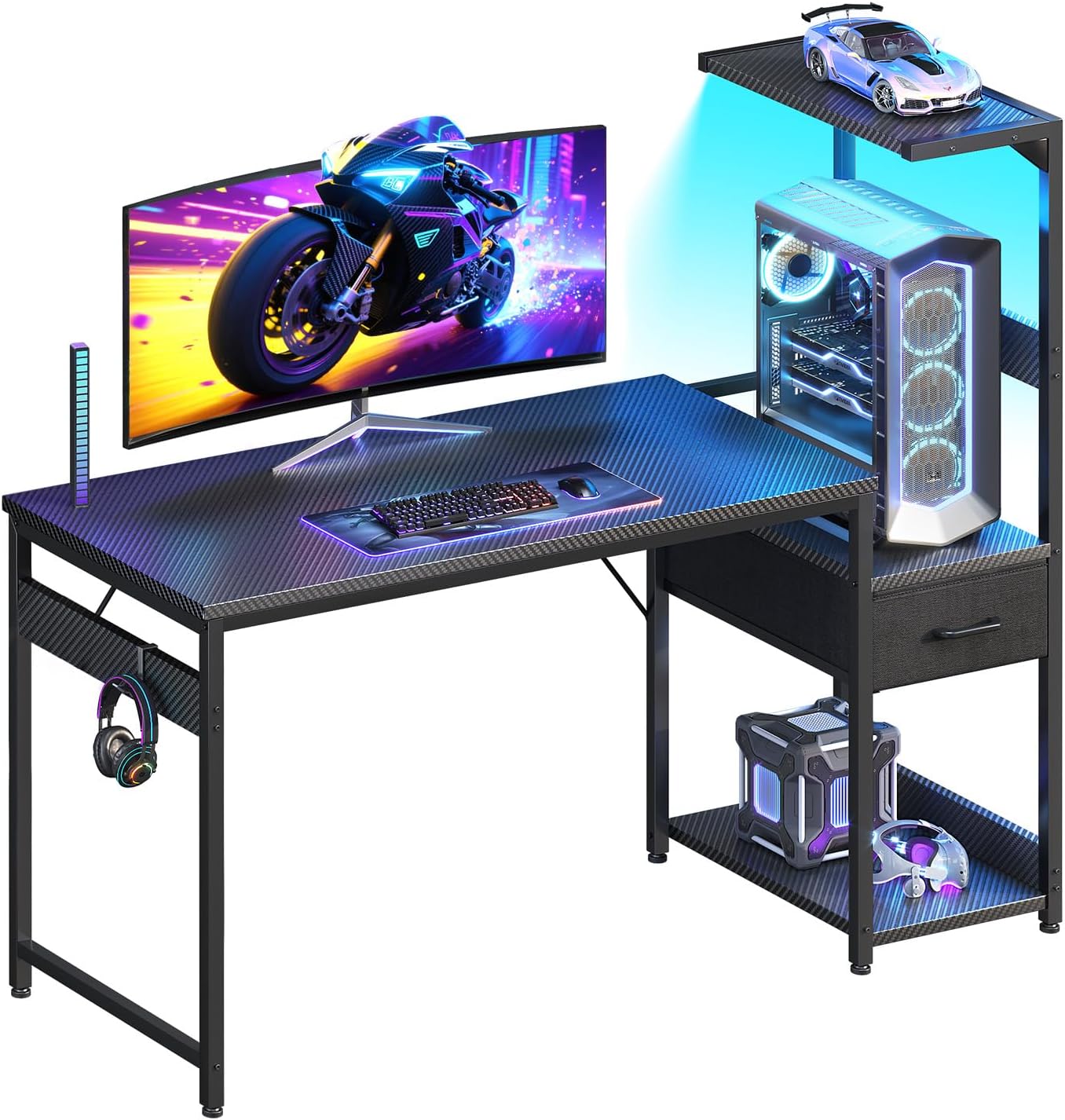 Casaottima 48 Inch Gaming Desk with Storage & LED Lights, Reversible Computer Desk with Display Shelves & Fabric Drawer, Modern Gamer Desk Table with Side Headphone Hook, Carbon Fiber Black