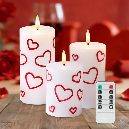 Valentines Day Heart Candles, Real Wax Flameless Pillar Candles with Remote, Real Wax Flickering LED Pillar Candles Valentine's Day Candles Gifts for Her Him Wife Mom Home Party Decor, 3 Pack