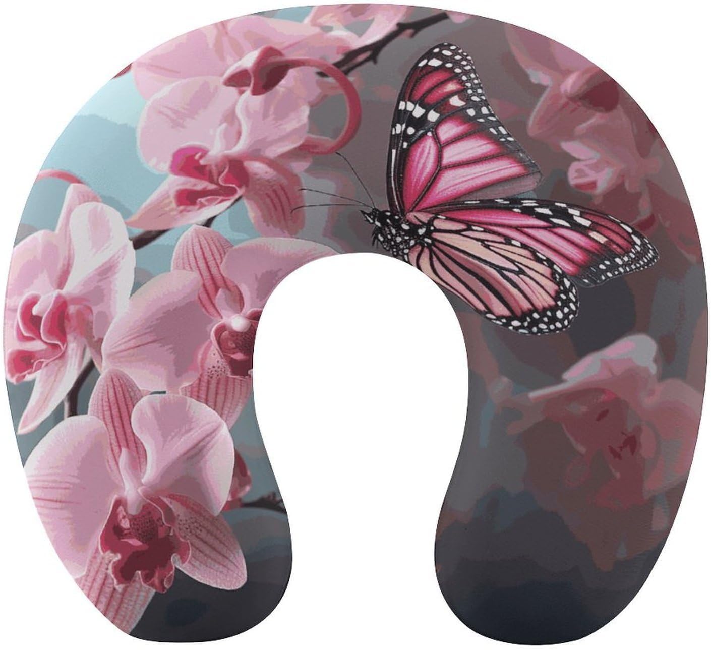 Orchid Flower Butterfly Soft Fresh Spring Neck Pillow Memory Foam U Shaped Pillows Portable Pillows for Shoulder Travel Head Support Pillow with Concealed Zipper for Airplane Car Home Office