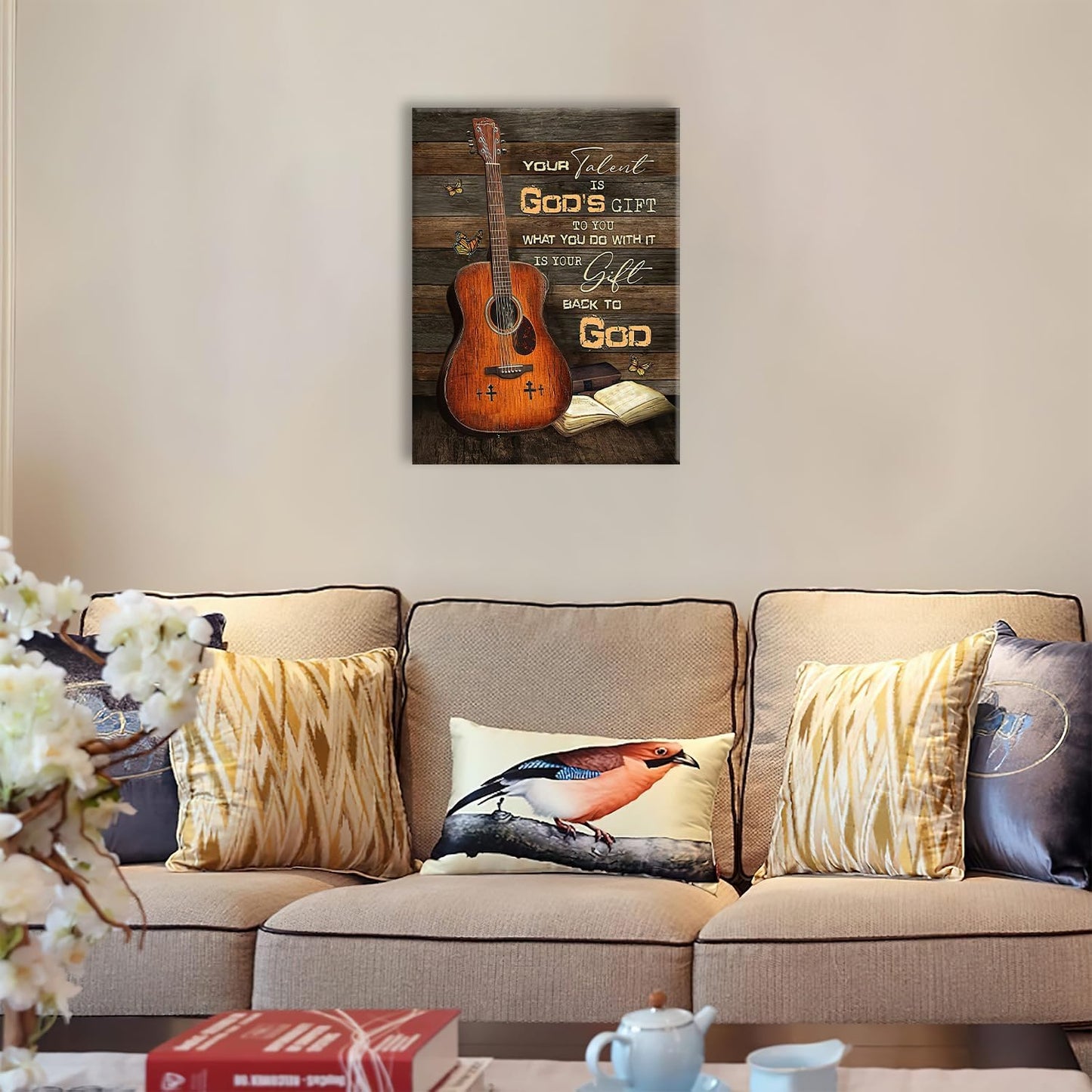 Guitar Canvas Wall Art Vintage Musical Christian Pictures for Kitchen Bedroom Bathroom Office Retro Guitar Music Print Religious Painting Farmhouse Modern Artwork Framed Wall Decor 16" x 12"