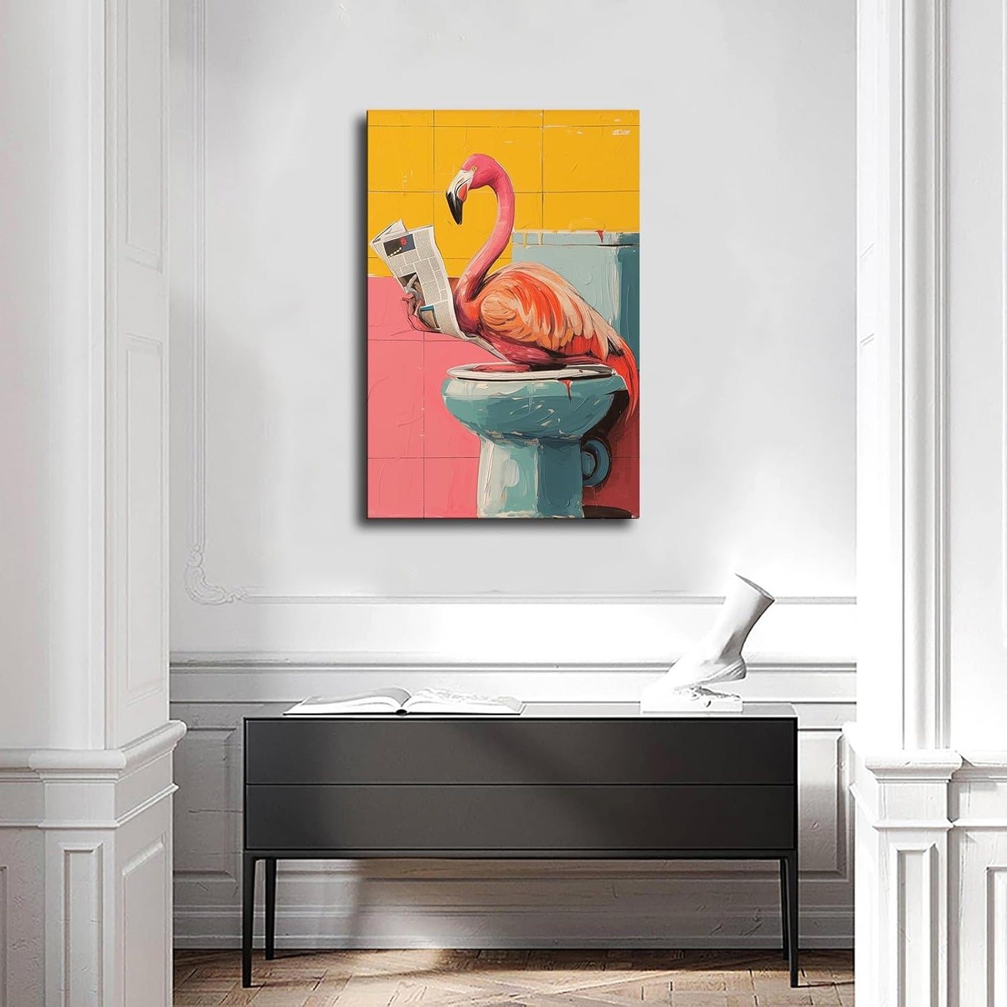 chenmjj Flamingo Reading Newspaper in Toilet Print Poster Picture HD Print Poster Retro Painted Modern Home Bedroom Room Aesthetic Decoration Canvas Art (16x24inch Unframed)
