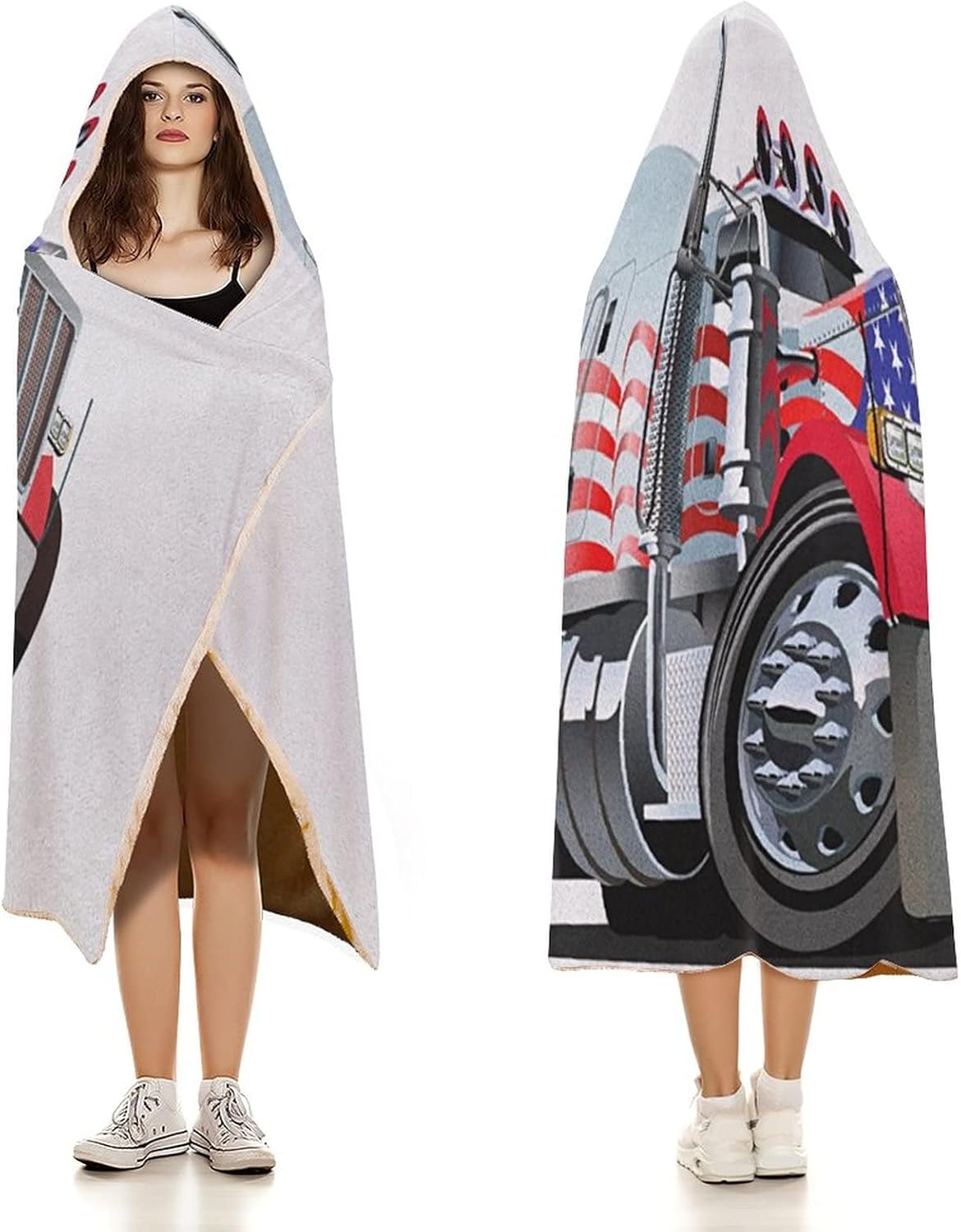 Throw Blankets, Truck Women Men Hooded Blanket, American Flag Themed Semi 18 Wheeler Transportation, Soft Warm Cozy, 60 x 80inches, Studying Reading Snuggling Napping Office, Red White Blue