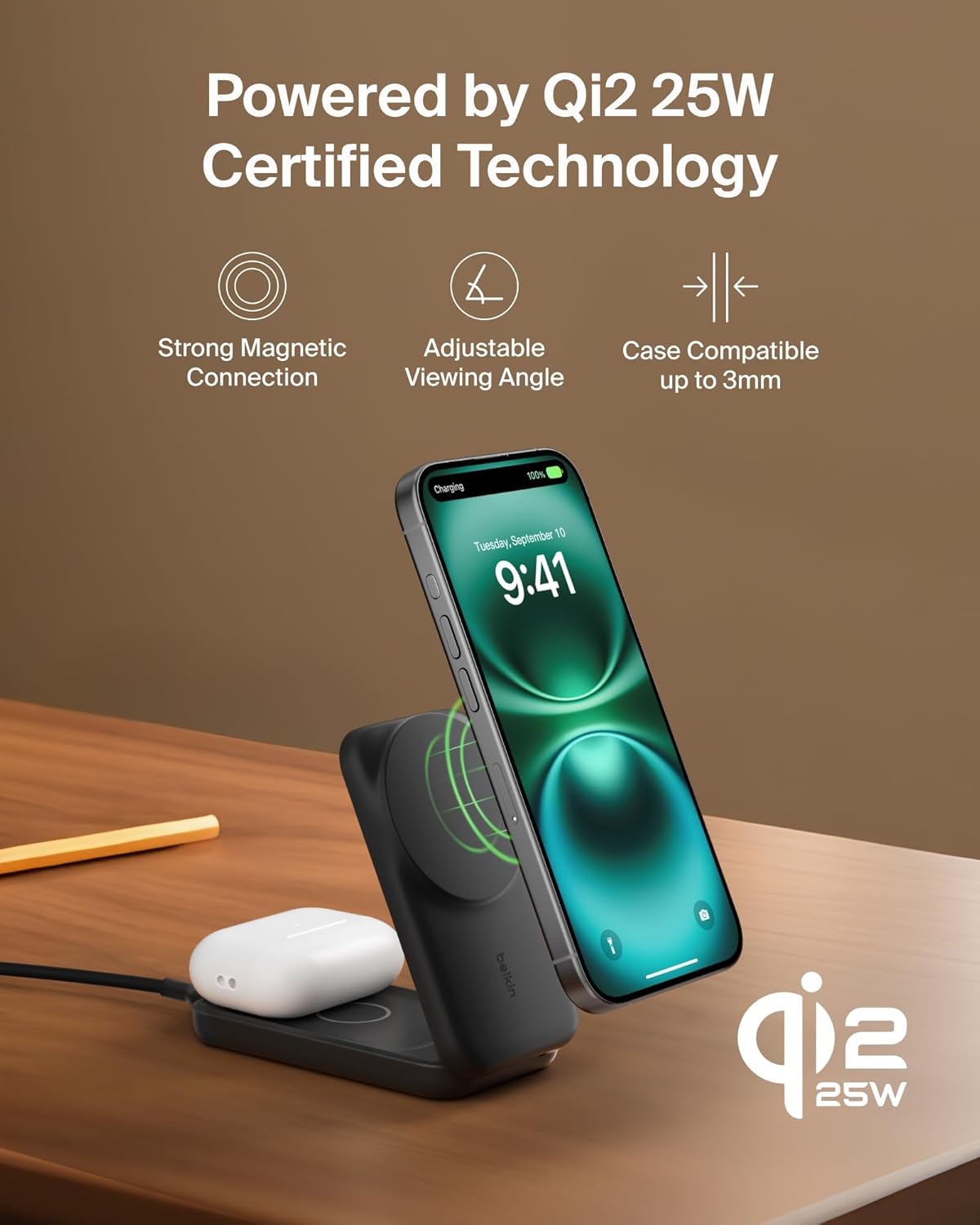 Belkin MagSafe Charger Compatible, 2-in-1 Charging Station, Qi2.2 25W Magnetic Wireless Charger Dock, Foldable Stand, with 5W USB-C Port, for iPhone 17/16/15, Pixel 10, AirPods (45W Adapter Included)