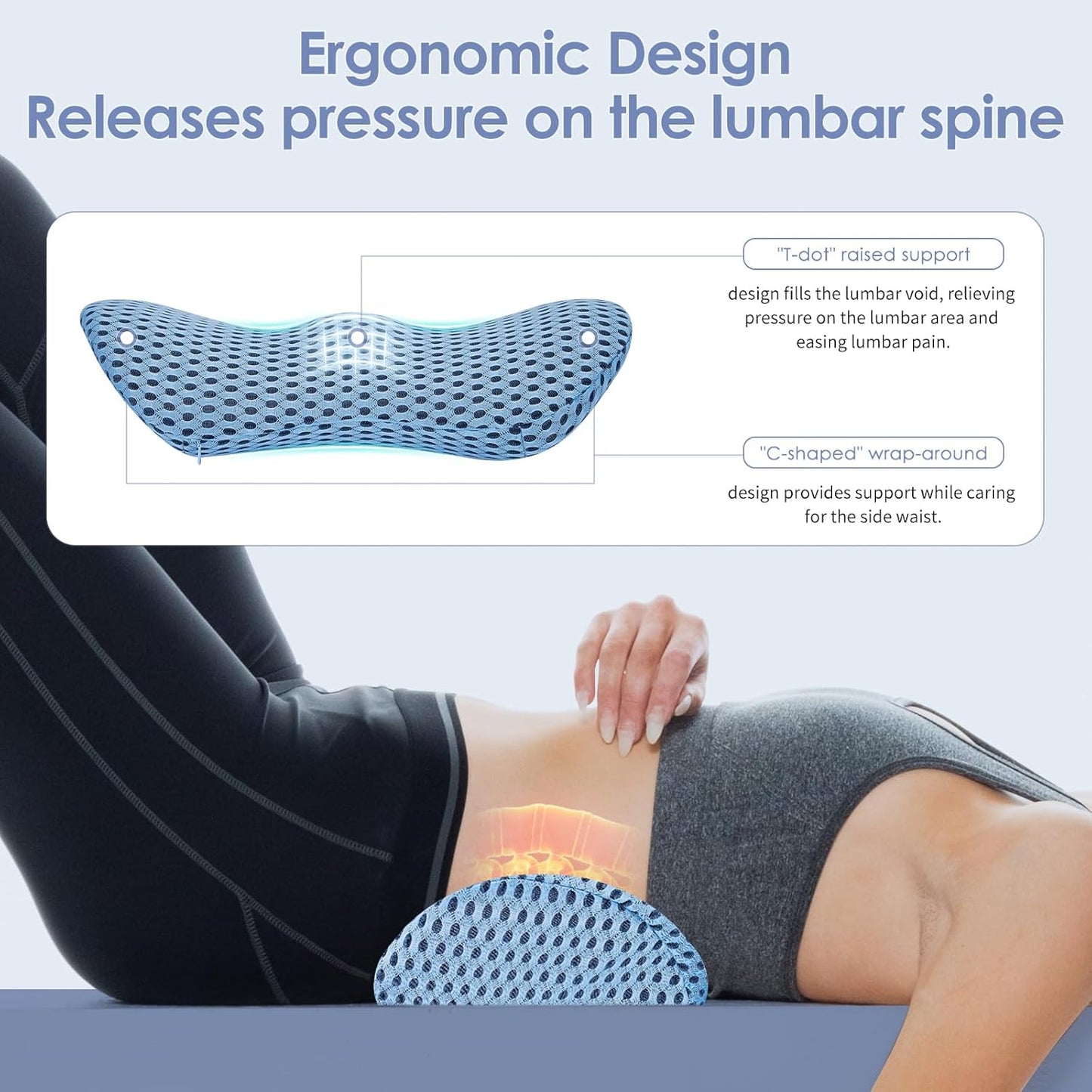 Lumbar Support Pillow, Back Pillow for Low Back Pain Relief, Ergonomic Streamline Car Seat, Office Chair, Recliner and Bed (Blue)