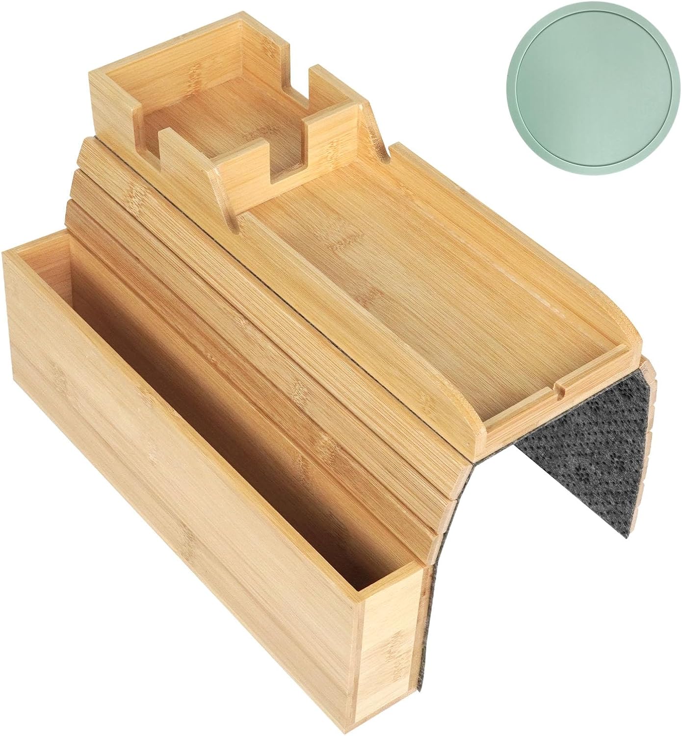 Bamboo Couch Armrest Table Foldable Sofa Arm Tray with Storage, Anti-Slip Cup Holder & Coaster, Splash-Proof Remote Holder for Snacks Phones Tablets TV Tray Couch Caddy Fits Armrests 4.5” and Wider