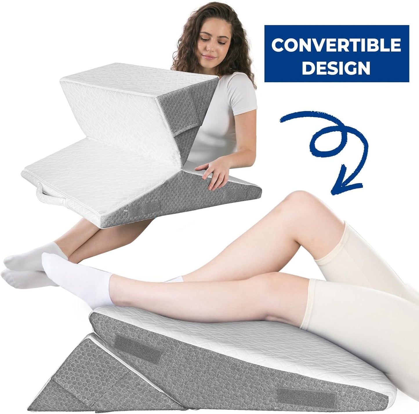 GUWELL Wedge Pillow Headboard for Sleep, 3PCS Adjustable Bed Wedge Pillow for Acid Reflux&Back Pain Relief, Sleeping, Back Pillow for Bed Sitting Up, 12inch/White/Grey