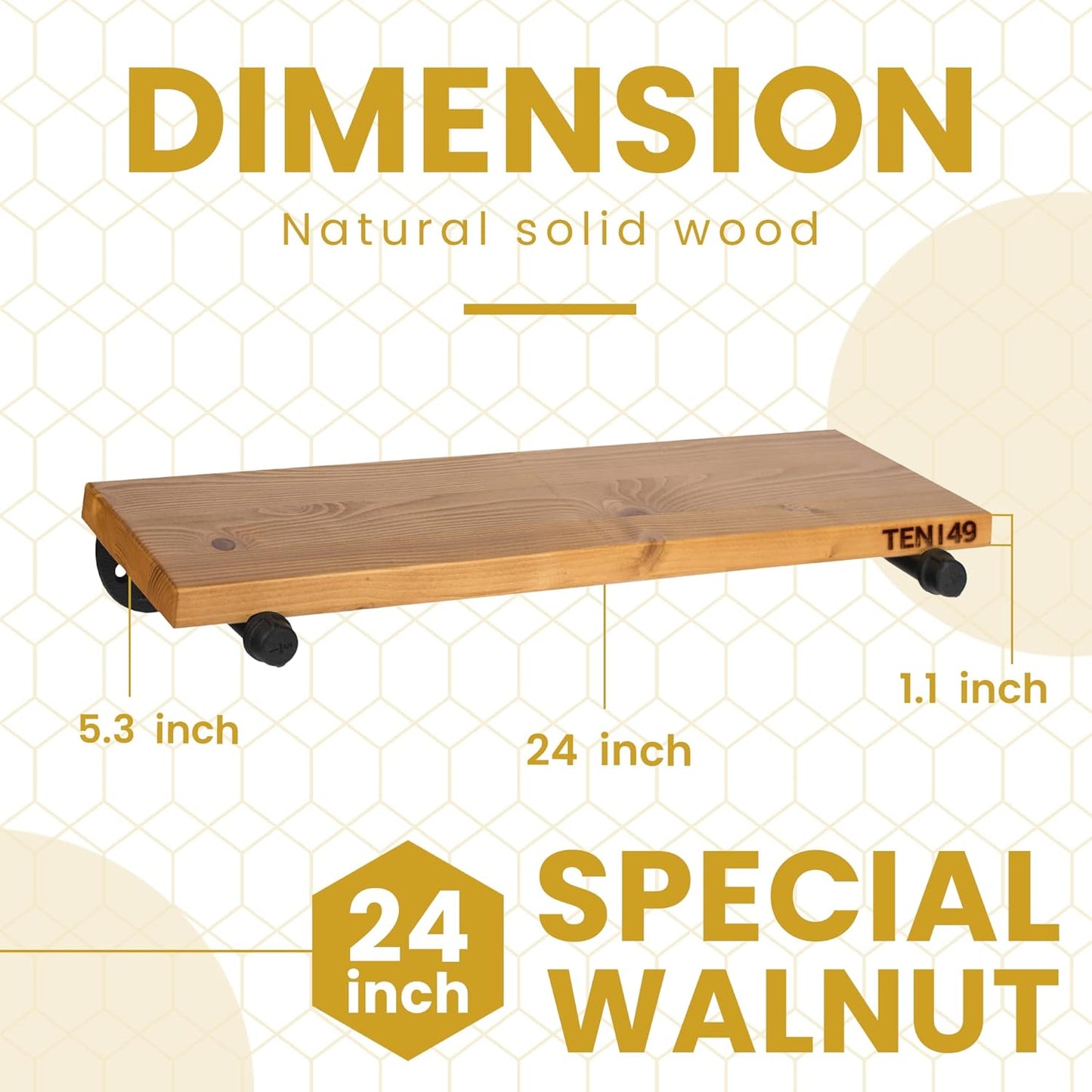 TEN49 Real Wood Rustic Floating Shelves Wall - 24 Wide Small Wooden Industrial Pipe Shelving - Farmhouse Pipe Wall Shelves Furniture Bathroom Decor Art Shelf Kitchen - Light Walnut Color - Set of 2