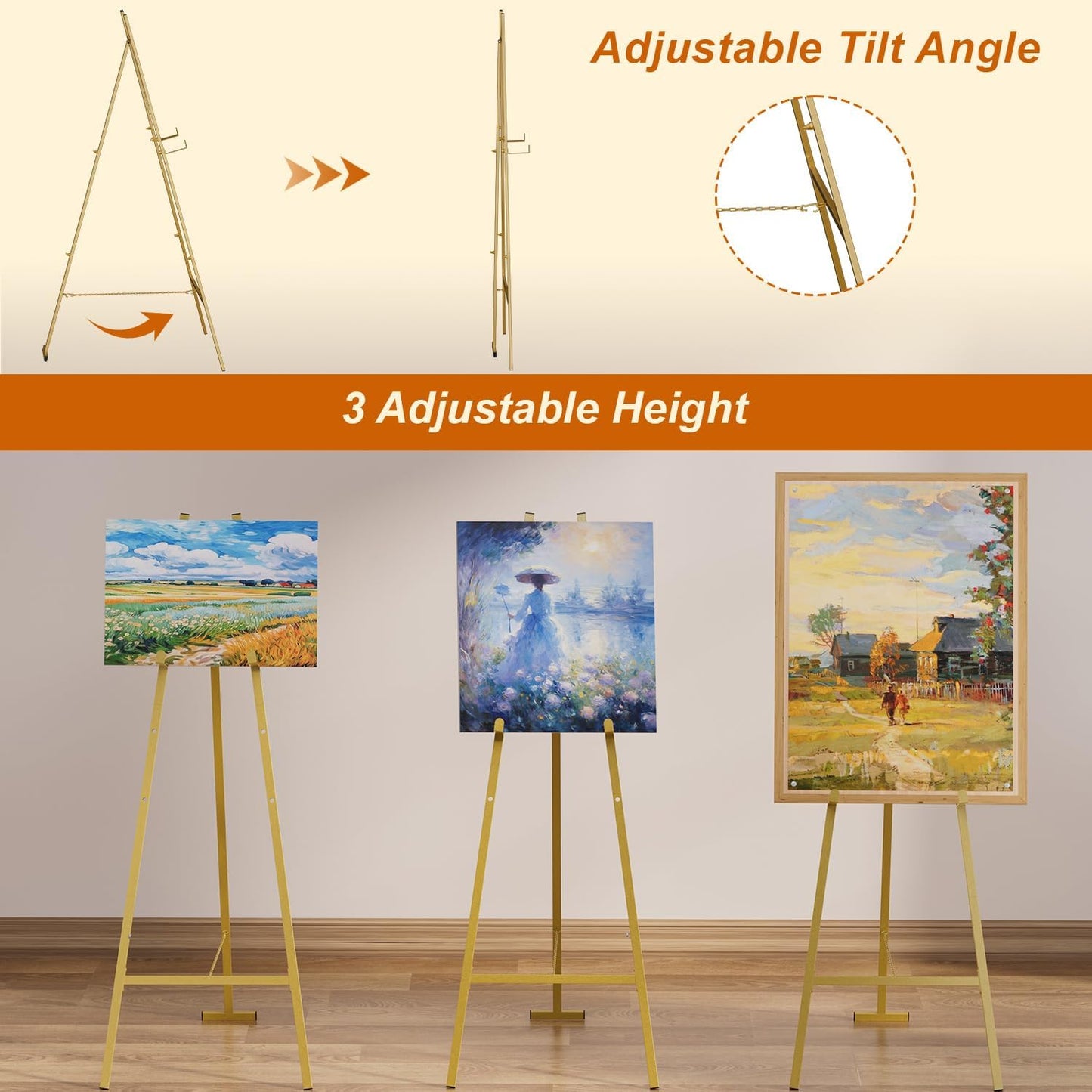 Large Easels for Display, Gold Decorative Metal Poster Easel Stand for Sign Wedding Welcome Sign Floor Stand with Adjustable Chain Support for Art, Picture Frame, Mirror (50" H)