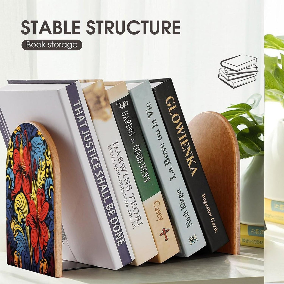 Red and Yellow Style Wooden Bookend Non-Slip Book Ends Heavy Duty Book Stopper with Metal Base Books Holderd Decorative Bookends Stands Firmly for Office Supplies