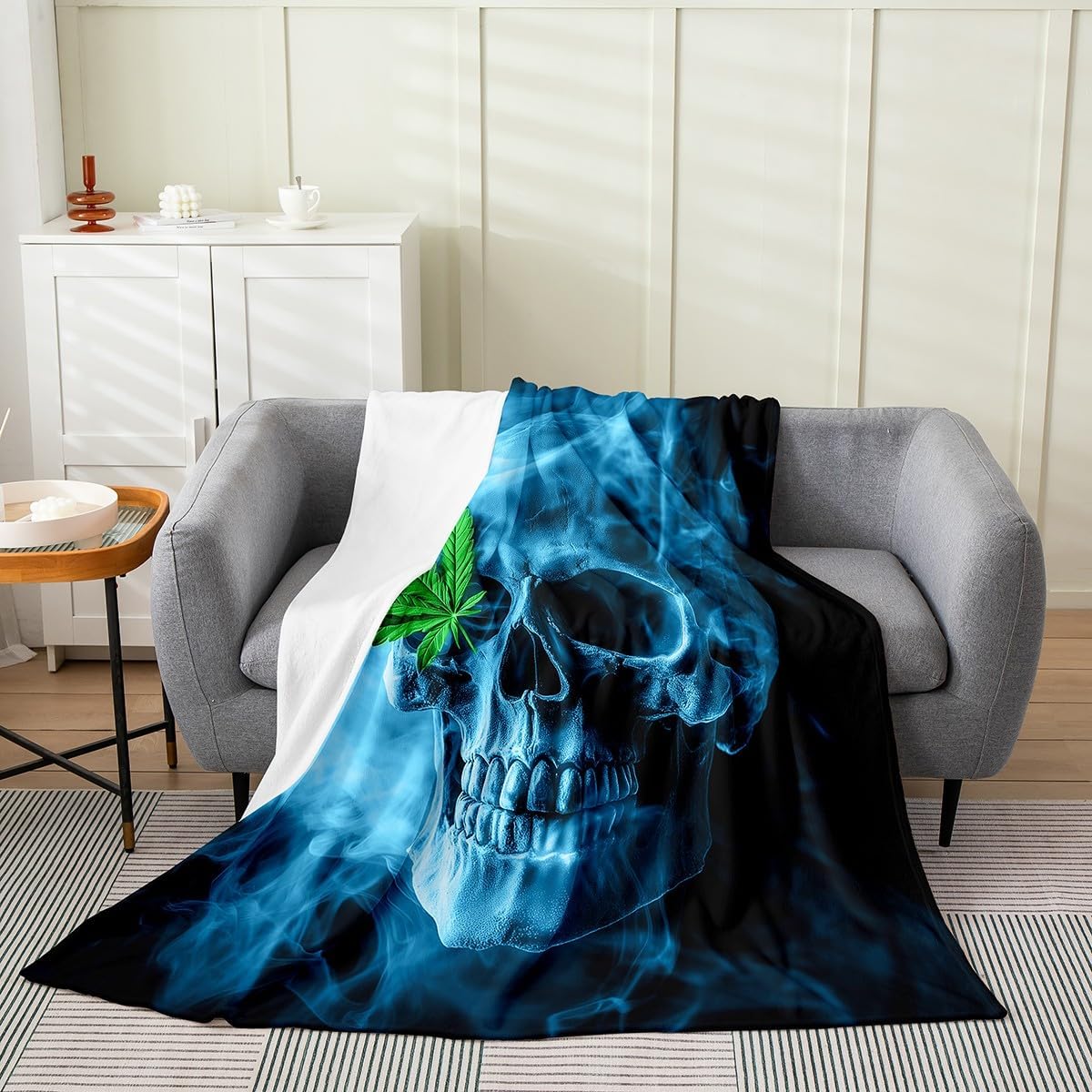 Sugar Skull Flannel Fleece Throw Blanket,Marijuana Weed Leaf All Season Bed Blanket Fuzzy Blanket For Bed Sofa Couch,Cannabis Leaves Botanical Plants Print Bedroom Decor Plush Blanket Twin 60"x80"