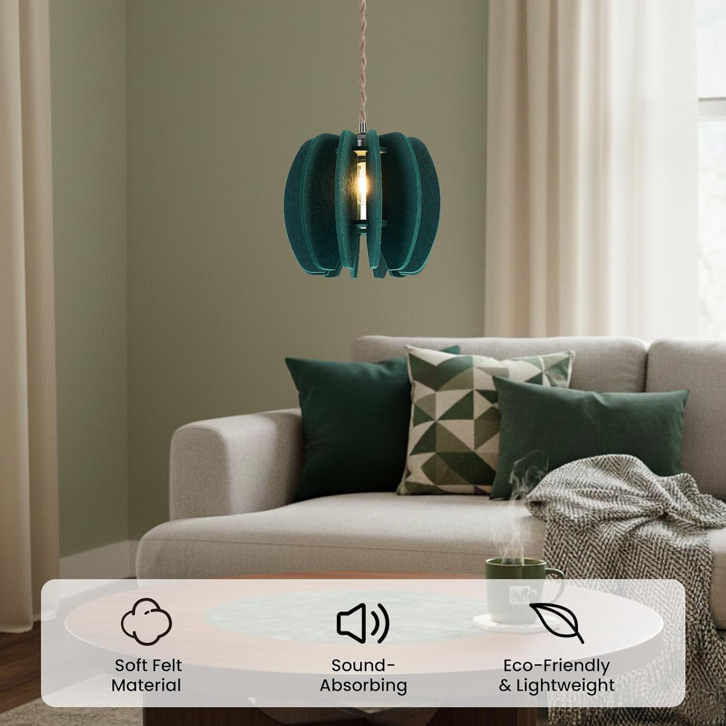 Pendant Light with Felt Lampshade, Modern Hanging Lamp Fixture, DIY Acoustic Plug-in Pendant Light for Kitchen Island, Living Room, Dining Room, Bedroom, Office (D11.8"x10.2")