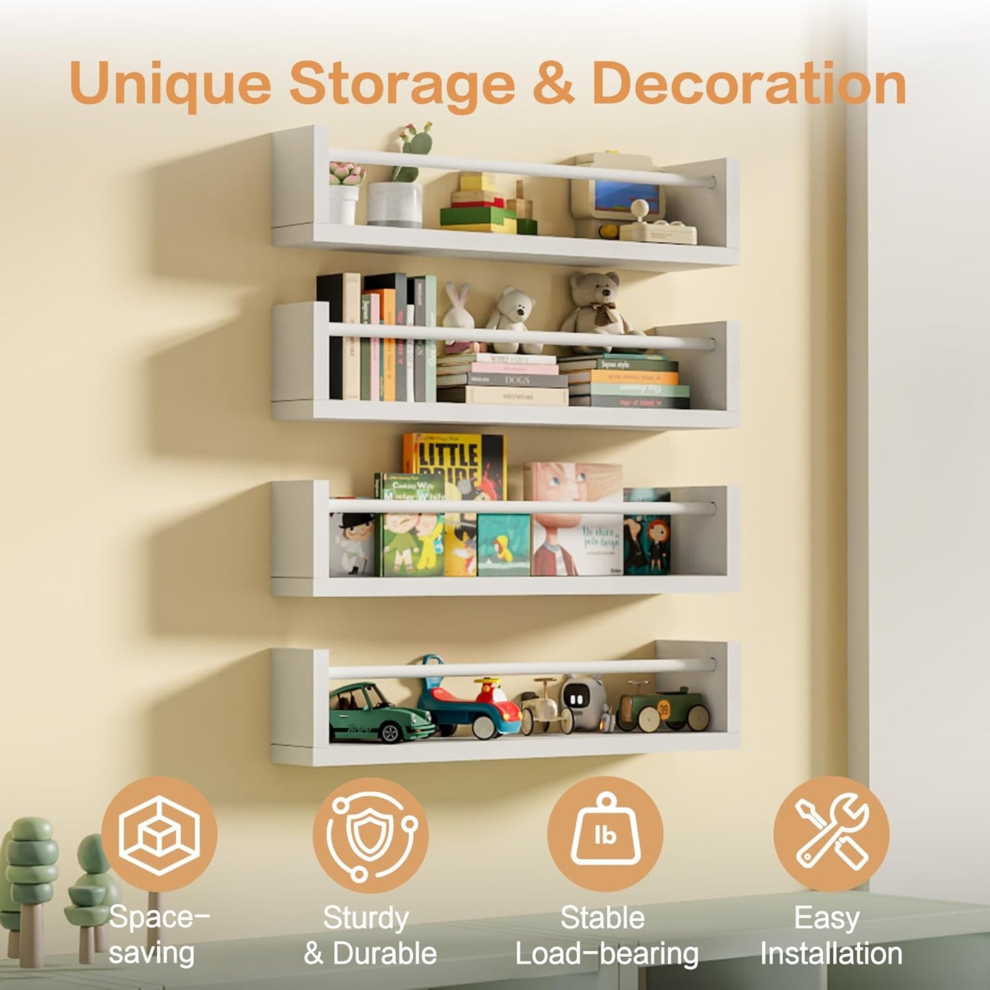 Kids Floating Wall Book Shelves — Set of 4, 16.5 in, White, Nursery & Toy Storage