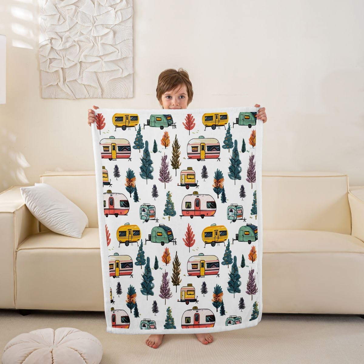 Feelyou Camping Sherpa Throw Blanket for Couch Happy Camping Super Soft Cozy Fleece RV Camper Blanket for Winter, Plush Throw 40"x50" All Season