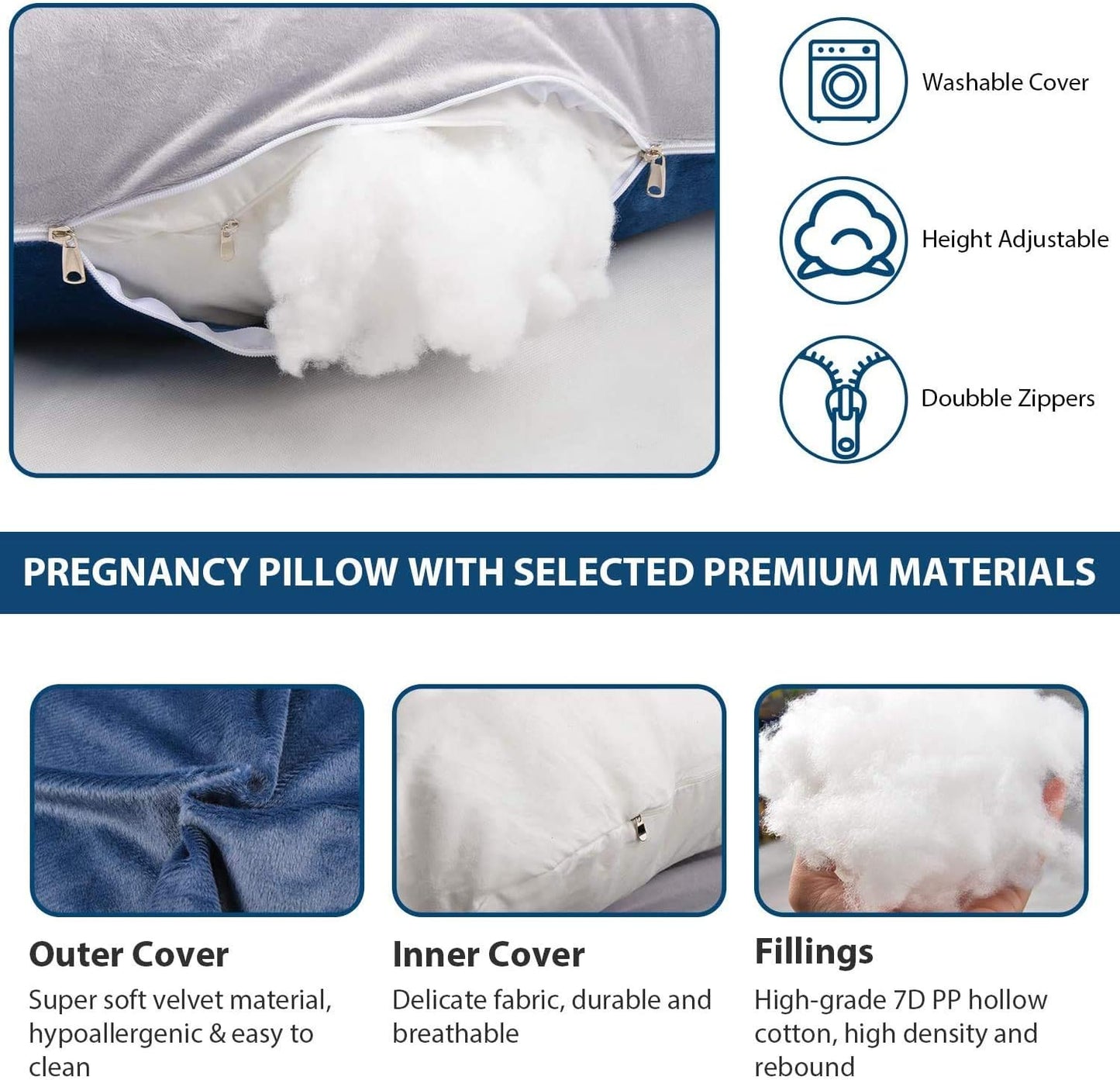 Elover Pregnancy Must Haves Pregnancy Pillow U-Shaped Full Body Maternity Support Pillow for Pregnant Women with Replaceable and Washable Velvet Cover Size 57" (Blue-Grey, Velvet)