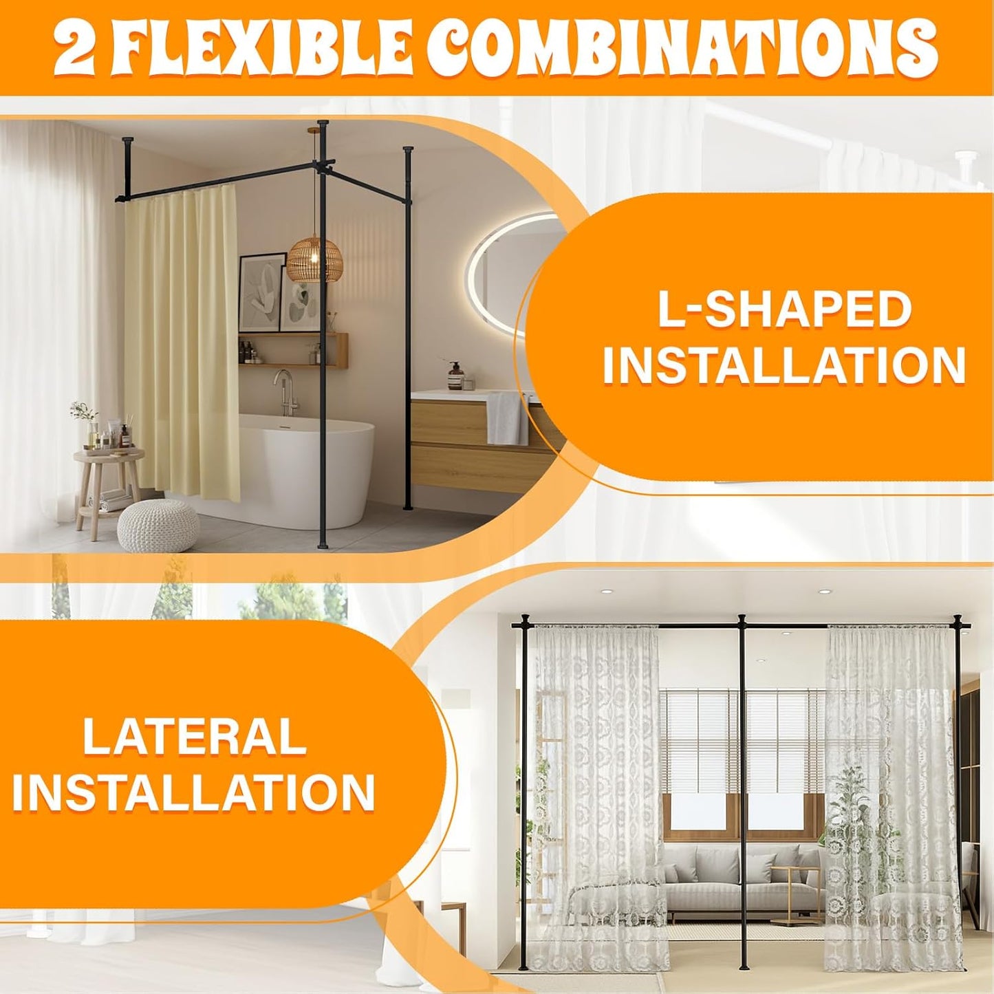 Room Divider Curtain Rod, No Drilling Wall Divider for Room Separation, 4-10ft(H) 28-171inch(W) Adjustable Heavy Duty Partition Space Separator Tension Curtain Stand(Black)