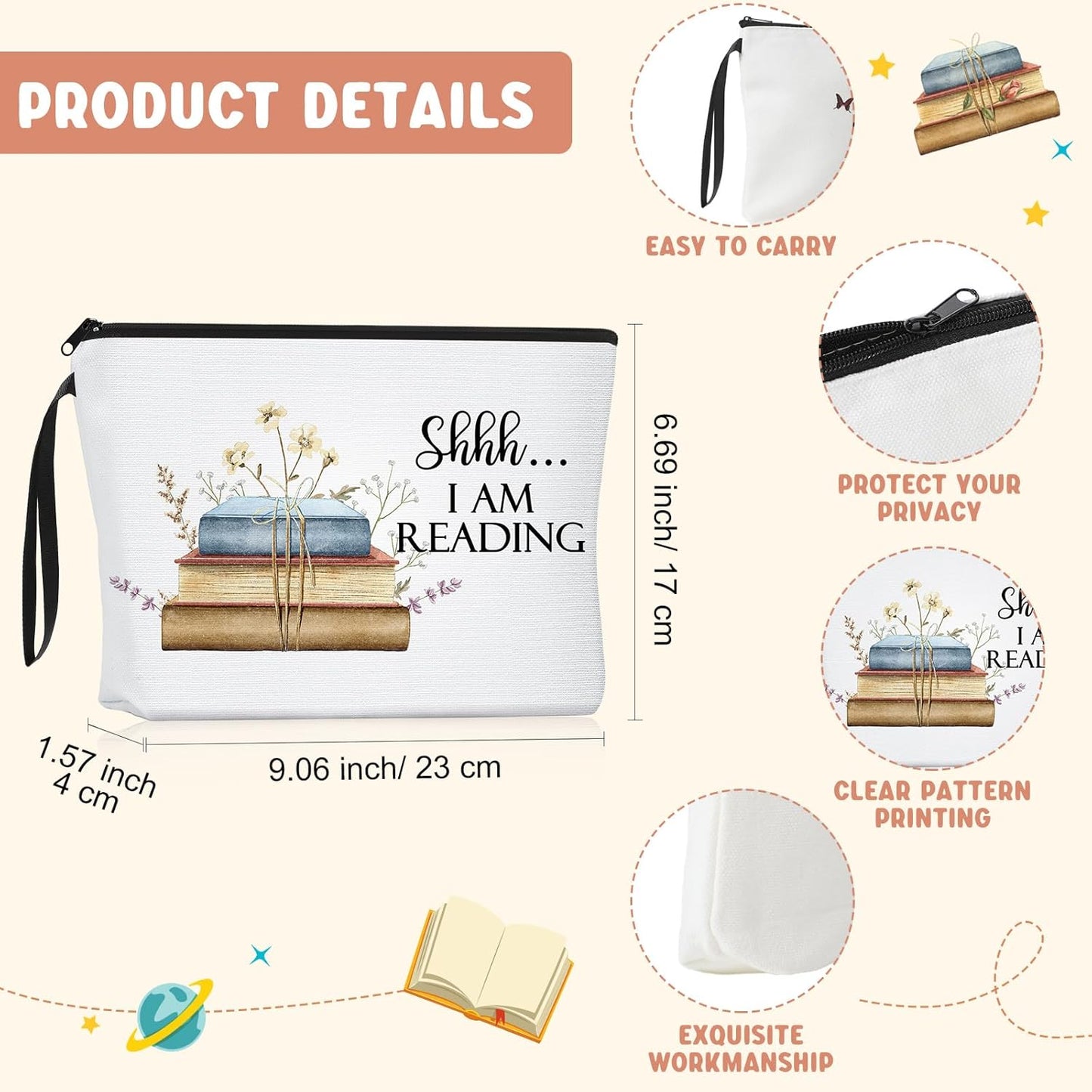 Sweetude 4 Pcs Book Lovers Gifts Sets Include Book Tote Bag, Bookworm Bracelet with Wish Card, Canvas Makeup Bag, and Bookish Keychain for Women Readers Books Lover Gifts
