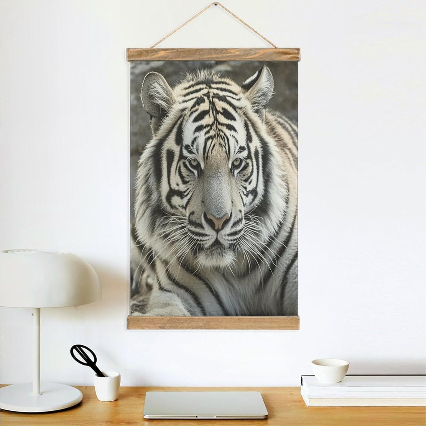 Vintage Black And White Tiger Poster with Wooden Frame Personalized Linen Hanging Scroll Painting Rustic Wall Hanging Illustrative Modern Artwork Decor for Home Living Room Bedroom Office