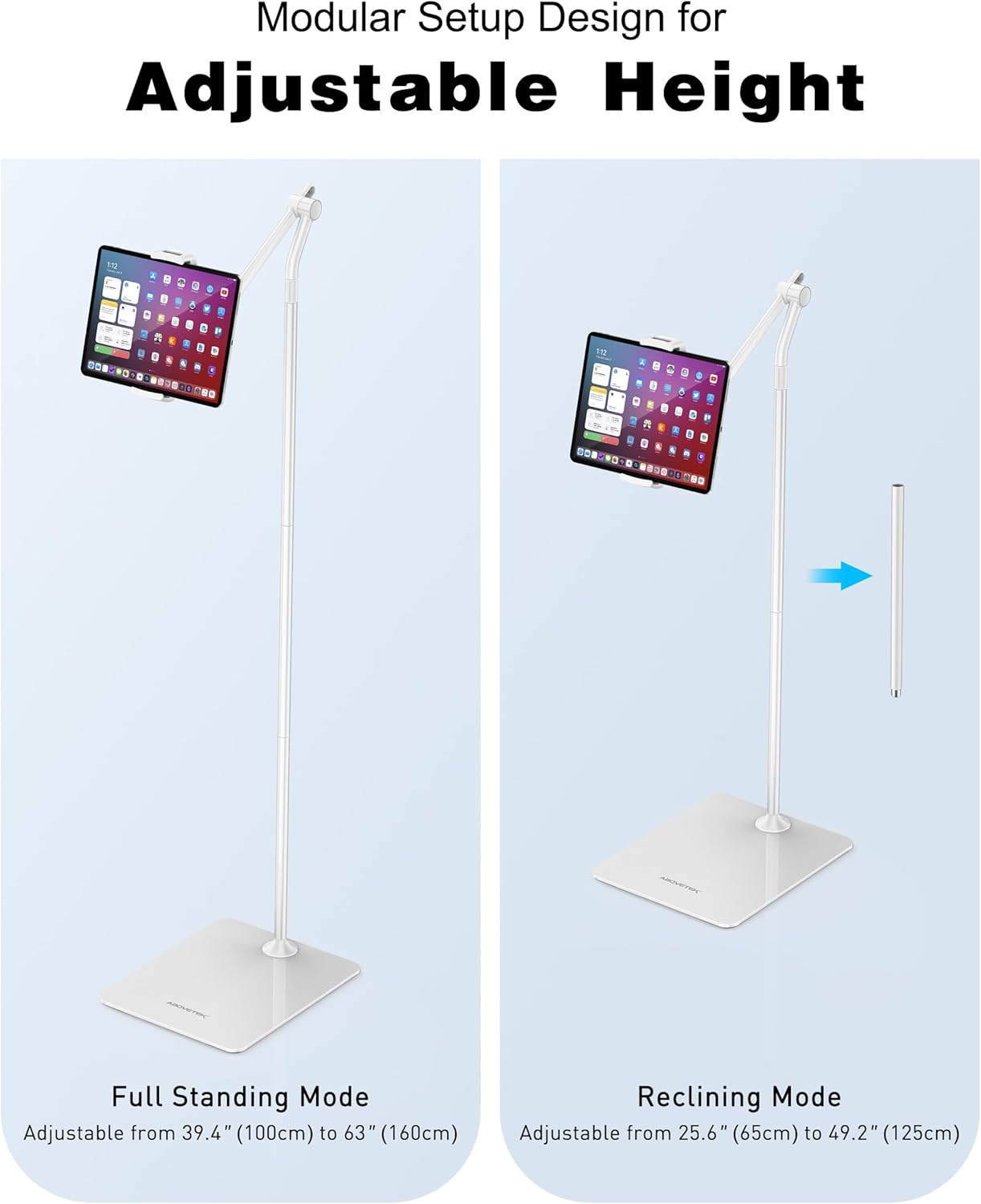 AboveTEK Tablet Floor Stand,Stylish Adjustable Height iPad Floor Stand with Stable Base,Aluminum 360° Rotation Holder for Sofa Bed,Fits 4.7-13.5"iPad Pro 12.9/Air/Mini,Galaxy Tab,iPhone, Kindle(White)