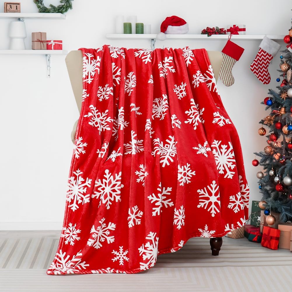 Christmas Red Throw Blanket White Snowflake Throw Blanket Xmas Winter Holiday Cozy Fuzzy Plush Throw Blankets Super Soft Lightweight Throw Blankets for Women Men 50" X 60"
