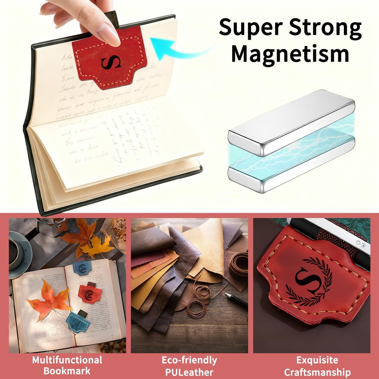 Personalized Magnetic Leather Bookmark, Bygone Mark Bookmark with Pen Holder 26 Letters Custom Book Marker Clip Book Marks for Reading Women, Men, Book Lovers Gifts, (Red-K)