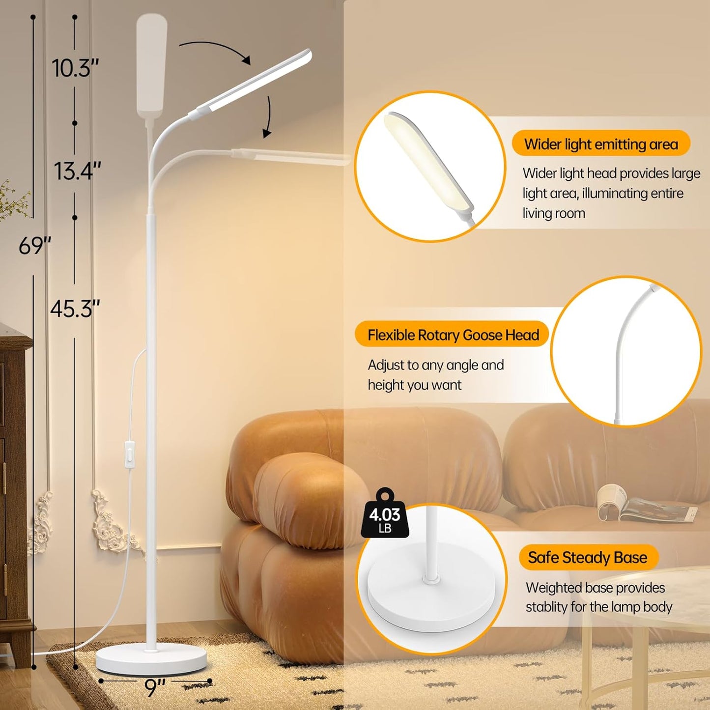 LED Floor Lamp, 18W Super Bright Floor Lamp for Living Room, Adjustable Stepless Colors & Brightness Standing Lamp, Eye Caring Reading Light with Remote (White)