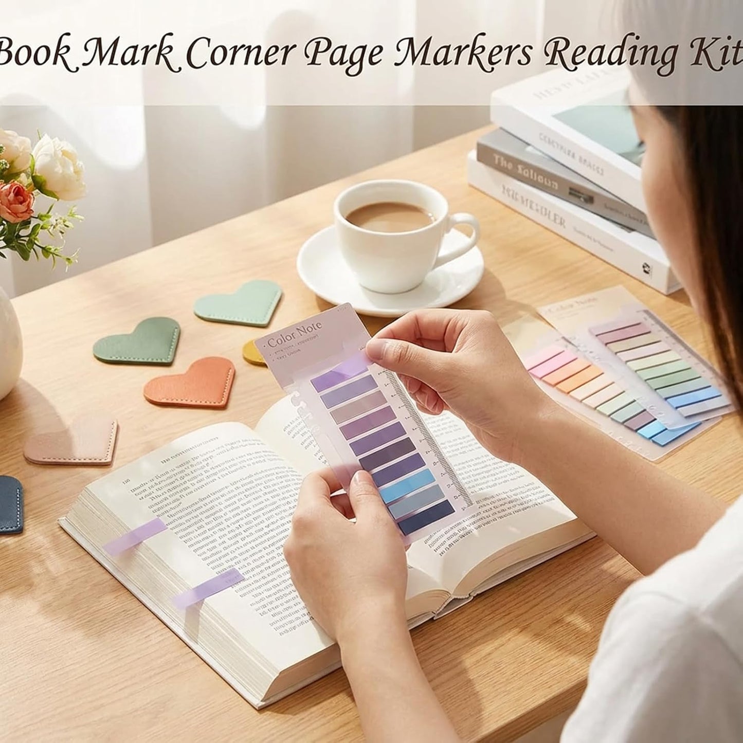 8 PCS Cute Heart Bookmarks with 1000 PCS Sticky Tabs for Reading, Tuuiimo Leather Book Mark Corner Page Markers Learning Kit, Gifts for Book Club Lovers, Teachers, Family, Friends, Women