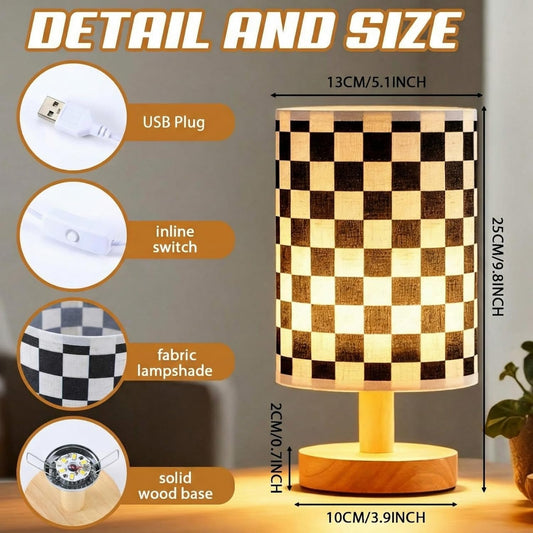 Baquler Bedside Lamp for Bedroom Black White Checkered Table Lamp with USB Racing Birthday Party Gifts Wood Base Round Flaxen Fabric Shade for Desk Living Room Office Classroom