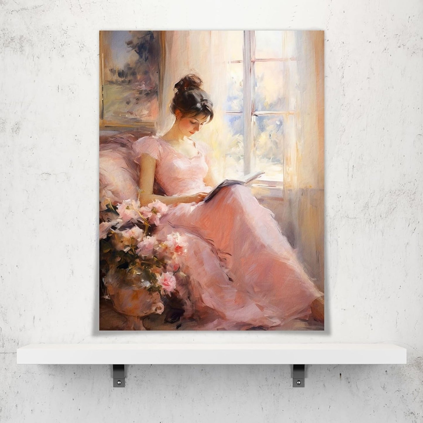 Huabsad Vintage Portrait Oil Painting Wall Art Retro Pink Girl Reading A Book Posters Famous Antique Female Canvas Pictures Prints Wall Decor Aesthetic for Bedroom Gallery Dorm 12x16in Unframed