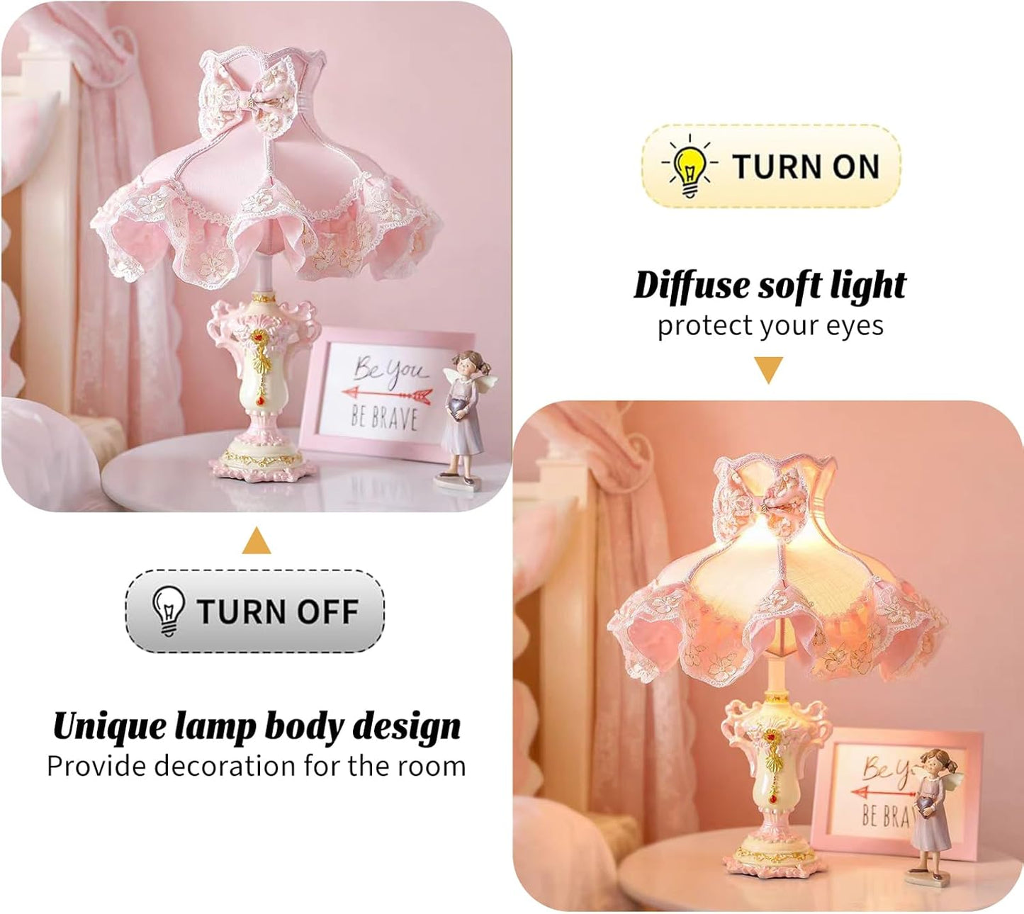 European Princess Pink Table Lamp with Fabric Shade, Resin Carved Base Bedside Nightstand Light, Vintage Romantic Bedroom Nursery Study Vanity Living Room Wedding Decor Lighting