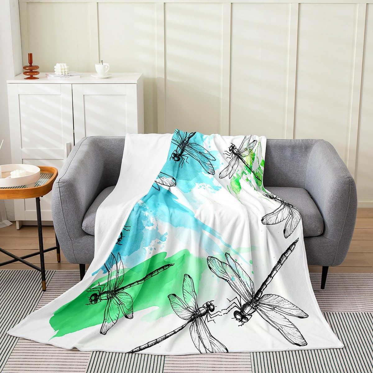 Kawaii Dragonfly Kids Flannel Fleece Throw Blanket Queen 90"x90" Gifts for Sofa Couch Women Fuzzy Blanket for Sofa Couch Animal Decor All Season Bed Blanket Blue Green Plush Blanket BedroomQuilt Cover