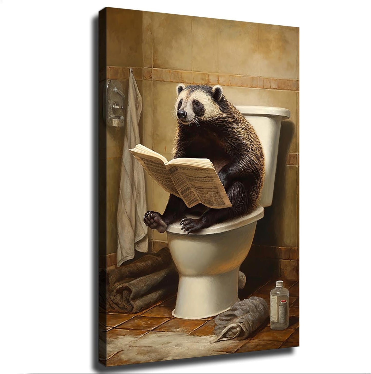 Funny of Animal Honey Badger Sitting on Toilet and Reading Newspaper Posters Modern Aesthetic Canvas Wall Art Home Interior HD Decorative Painting Holiday Gift (20×30inch-Unframed)