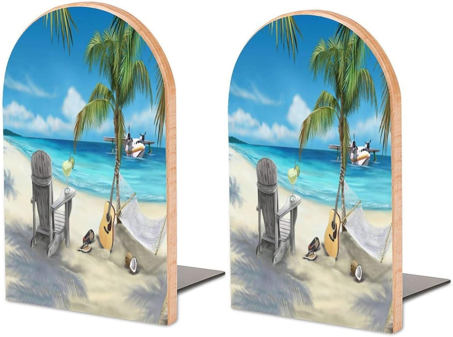 Guitar on The Beach Wooden Bookend Non-Slip Book Ends Heavy Duty Book Stopper with Metal Base Books Holderd Decorative Bookends Stands Firmly for Office Supplies