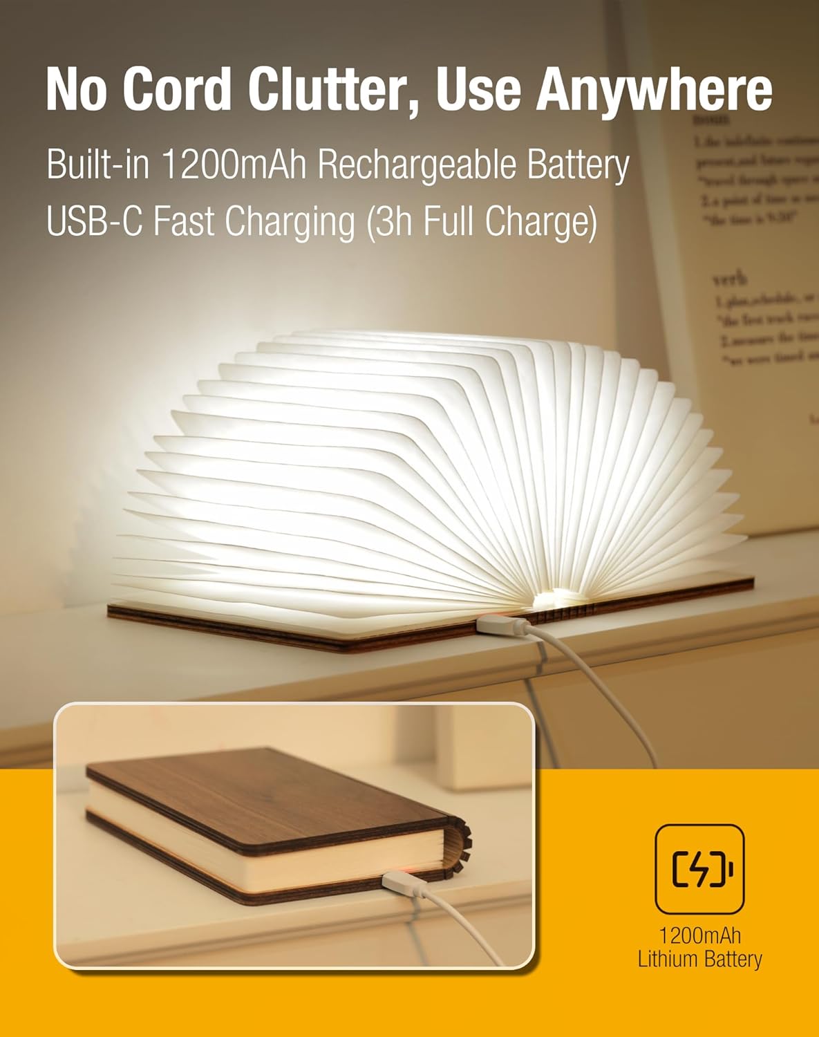 5.7 Inch Wooden Book Lamp - Portable Folding LED Book Light for Reading, Home & Library Decor, Unique Gift for Book Lovers, Magnetic Night Light (Walnut)
