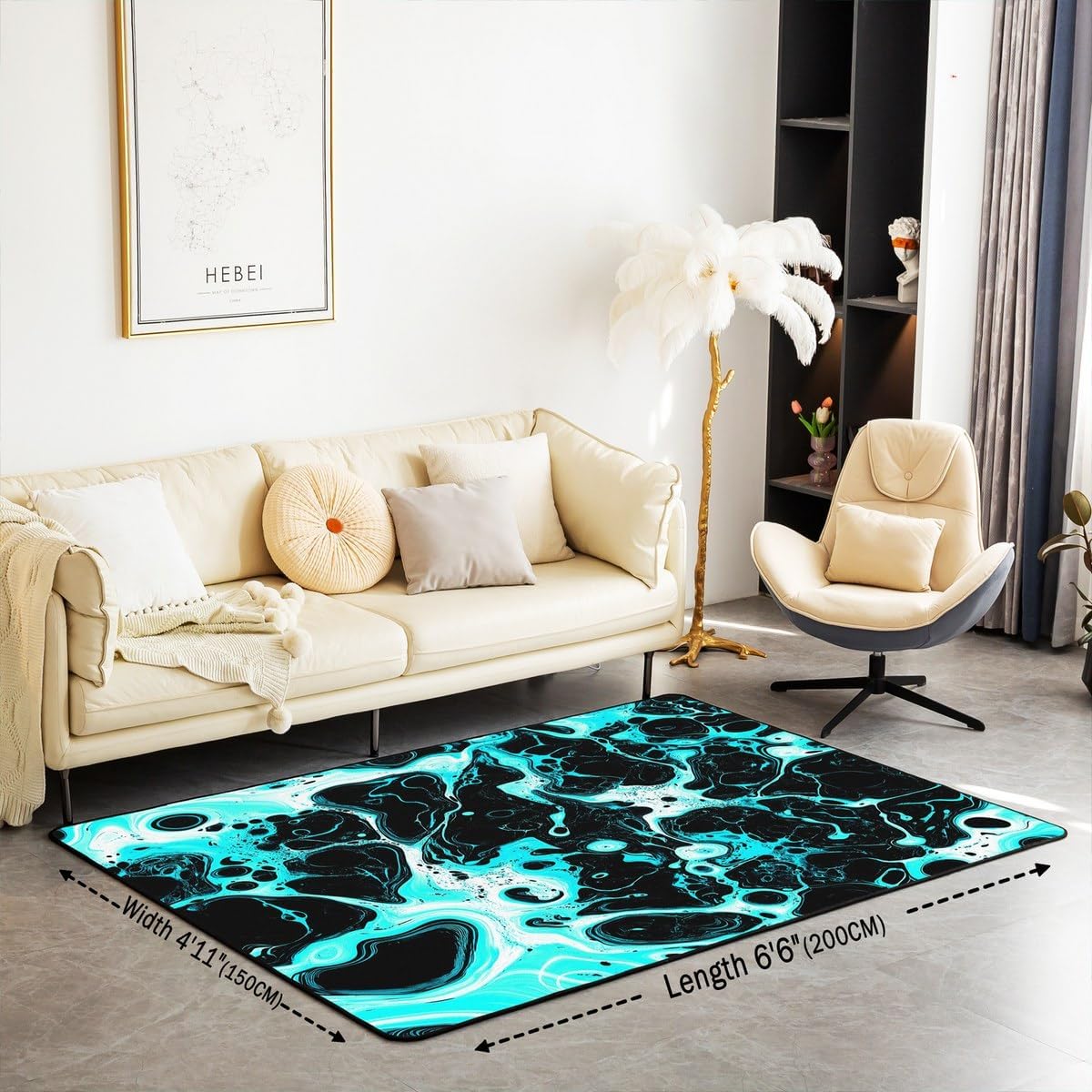 Erosebridal Tie Dye Area Rug 6'6" x 4'11" Abstract Living Room Rugs for Kids Boys Girls Quicksand Ombre Liquid Marble Watercolor Decorative Carpet Black White Teal Blue Non Slip Indoor Floor Mat