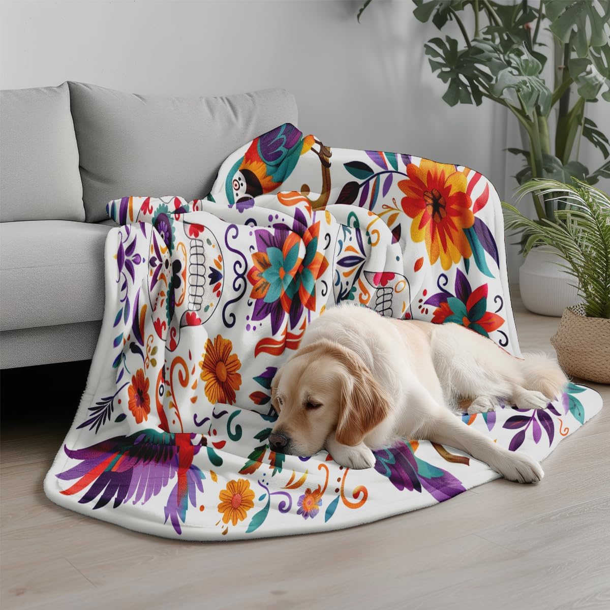 Sugar Skull Fleece Blanket, Day of The Dead Design with Parrots and Flowers, Colorful Mexican Folk Art Theme, Halloween Blankets Fuzzy Gifts for Sofa Couch Bedroom (60 x 80 inch)