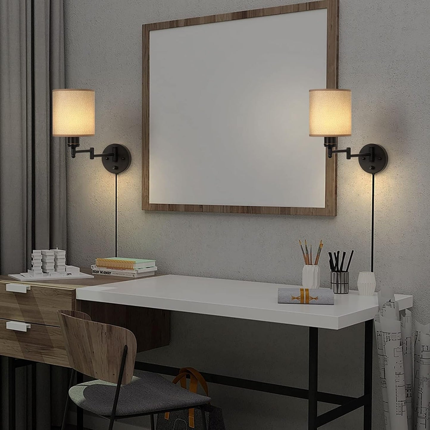 CADUKE Wall Lamps Plug in, Swing Arm Wall Sconce Set of 2 with Light Brown Lampshade, Modern Bedroom Wall Lights Fixtures, Bedside Wall Reading Lights