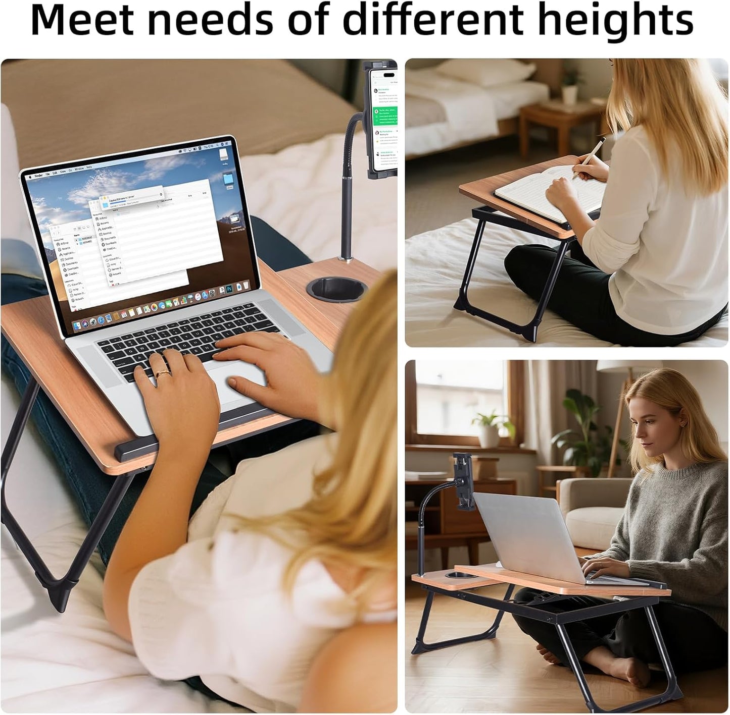 wishacc Lap Desk for Bed, Laptop Desk with Adjustable Tablet Stand, Sturdy Metal Frame Bed Desk, Foldable Laptop Bed Tray Table for Adults Couch Sofa, Portable Lap Desk for Laptop & Phone Slot