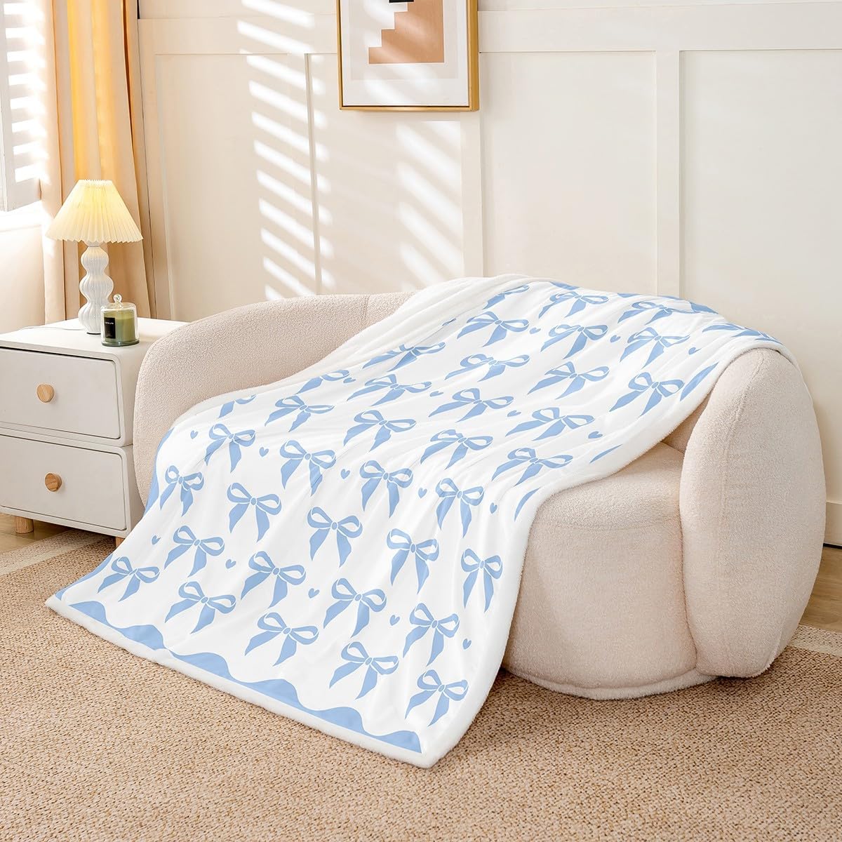 Feelyou Blue Bow Sherpa Throw Blanket for Couch Cute Coquette Bow Knot Super Soft Cozy Fleece for Kids Boys Girls Blanket for Winter,Plush Throw Blue Bowknot Throw 50"x60" Preppy Style All Season