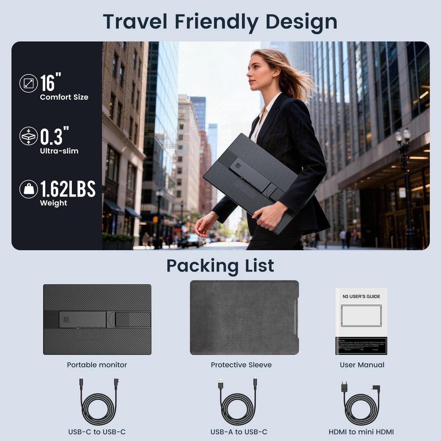 Portable Monitor, 16 Inch FHD 1200P, Horizontal/Vertical Monitor, Plug & Play, Built-in Speakers & Headphone Jack, Travel Monitor for Laptop with Premium Smart Cover
