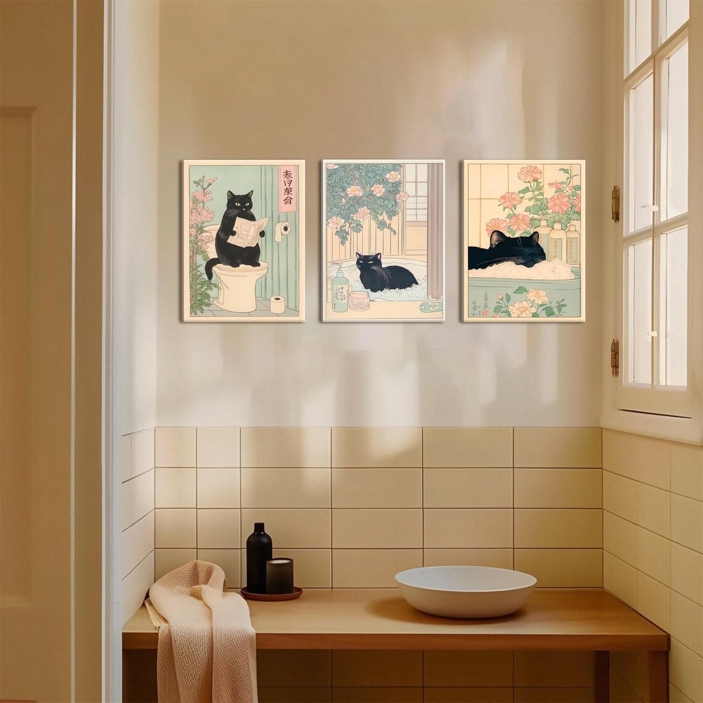 Funny Bathroom Wall Art Set of 3, Japanese Cute Black Cat Wall Decor Paintings, Rustic Animal Pictures Canvas Prints Home Decor for Bathroom Toilet, 12x16 inch Framed