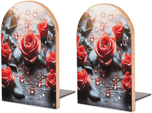 Romance Rose Flower with Heart Petal Wooden Bookend Non-Slip Book Ends Heavy Duty Book Stopper with Metal Base Books Holderd Decorative Bookends Stands Firmly for Office Supplies