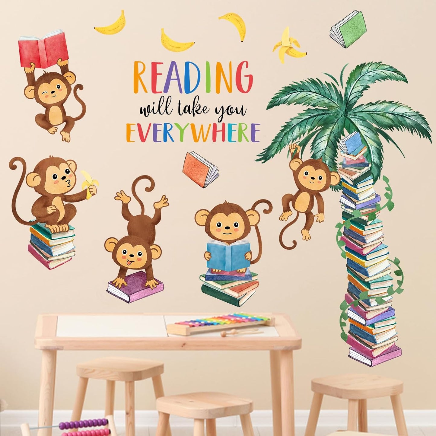 Mfault Monkey Reading Book Wall Decals Stickers, Reading Will Take You Everywhere Nursery Classroom Decorations Bedroom Art, Jungle Animal Inspirational Neutral Toddlers Kids Room Reading Corner Decor