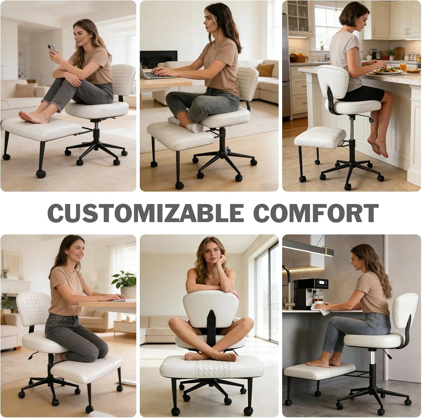 Meditation Chair with Footrest, 360° Swivel Height Adjustable Criss Cross Chair, White PU Padded Wide Seat, Home Office Desk Chair for Reading, Yoga, Peaceful Living