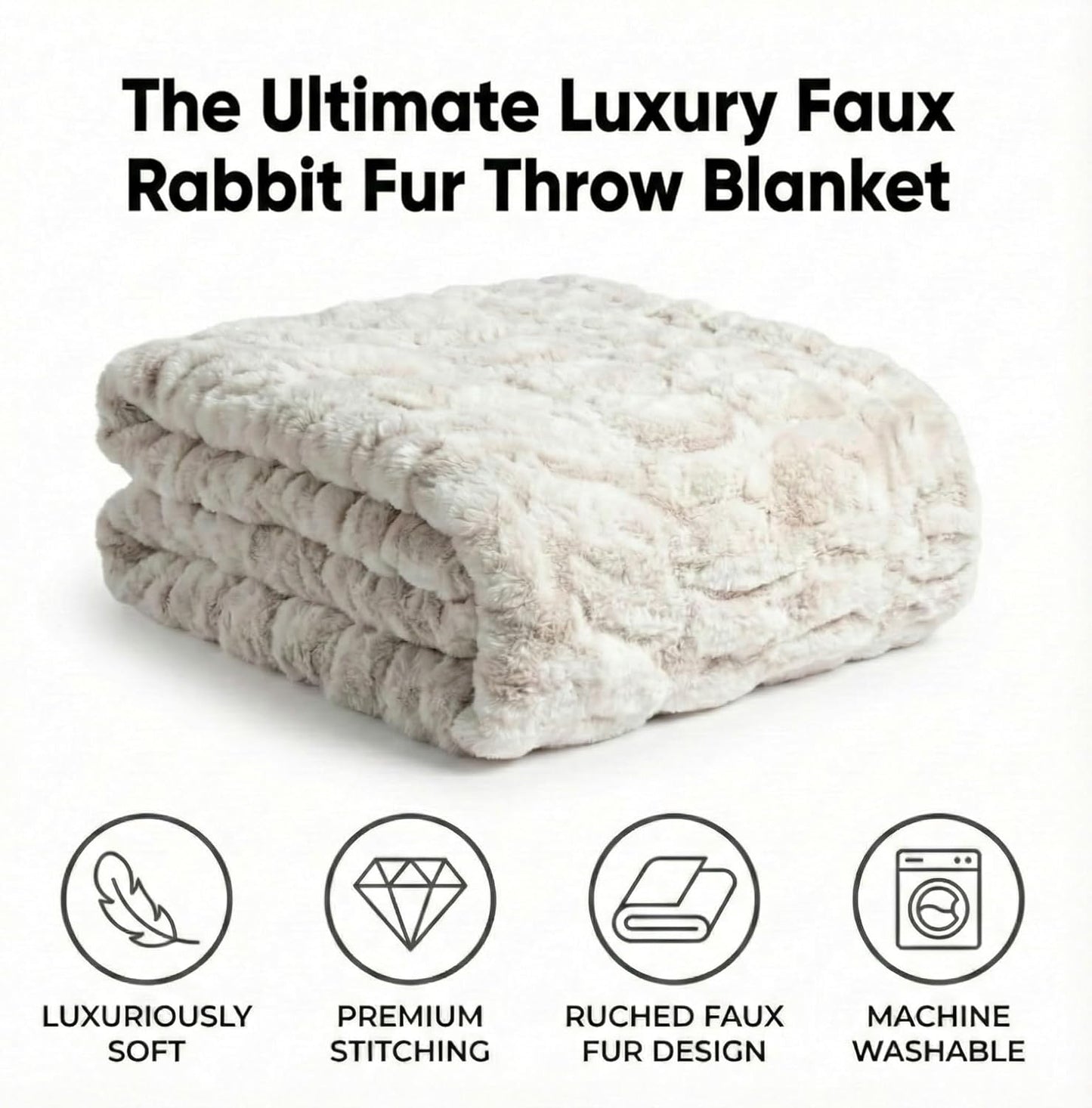 Luxury Concepts Soft Faux Rabbit Fur Throw Blanket - 50" x 60", Elegant Ruched Design Blanket, Machine Washable and Wrinkle Resistant, Lightweight Beige Throw Blanket for Couch, Sofa and Bed