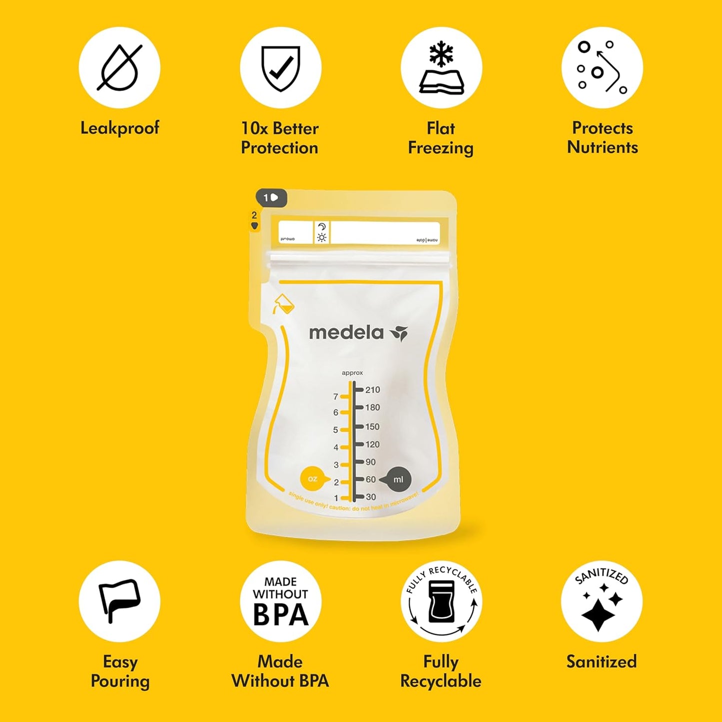 Medela Easy Pour Breastmilk Storage Bags 100 Count 7oz/210ml Disposable, Leakproof, Fast Freeze, Breast Milk Protection Recyclable & BPA Free